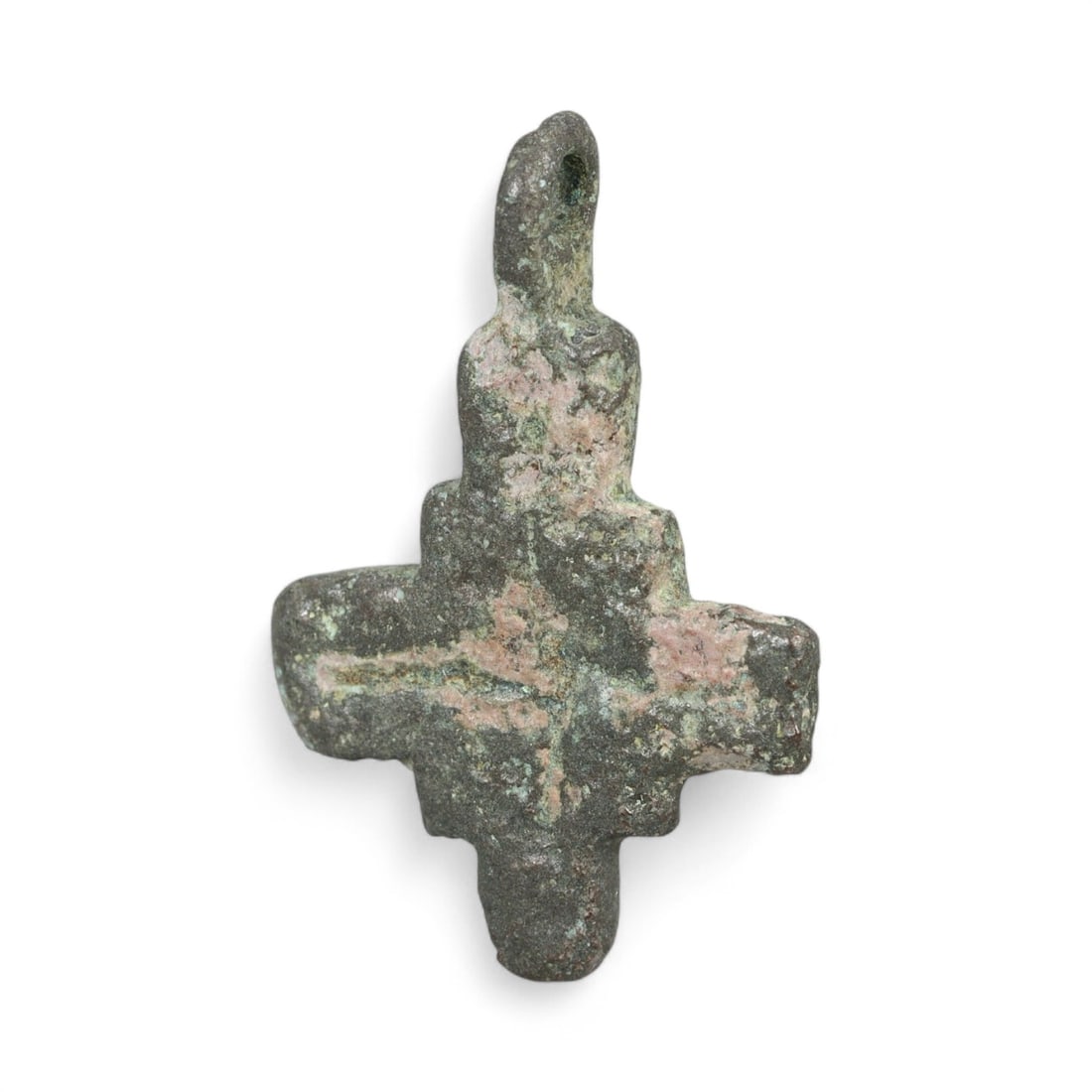 Ancient Kievan Rus Stepped Cross Bronze Pendant, c. 10th-12th Century CE, 2.6g: This stepped bronze cross pendant, found in present-day Ukraine, offers a powerful glimpse into the early Christian devotion of the Kievan Rus civilization during the 10th-12th centuries CE. Its styli