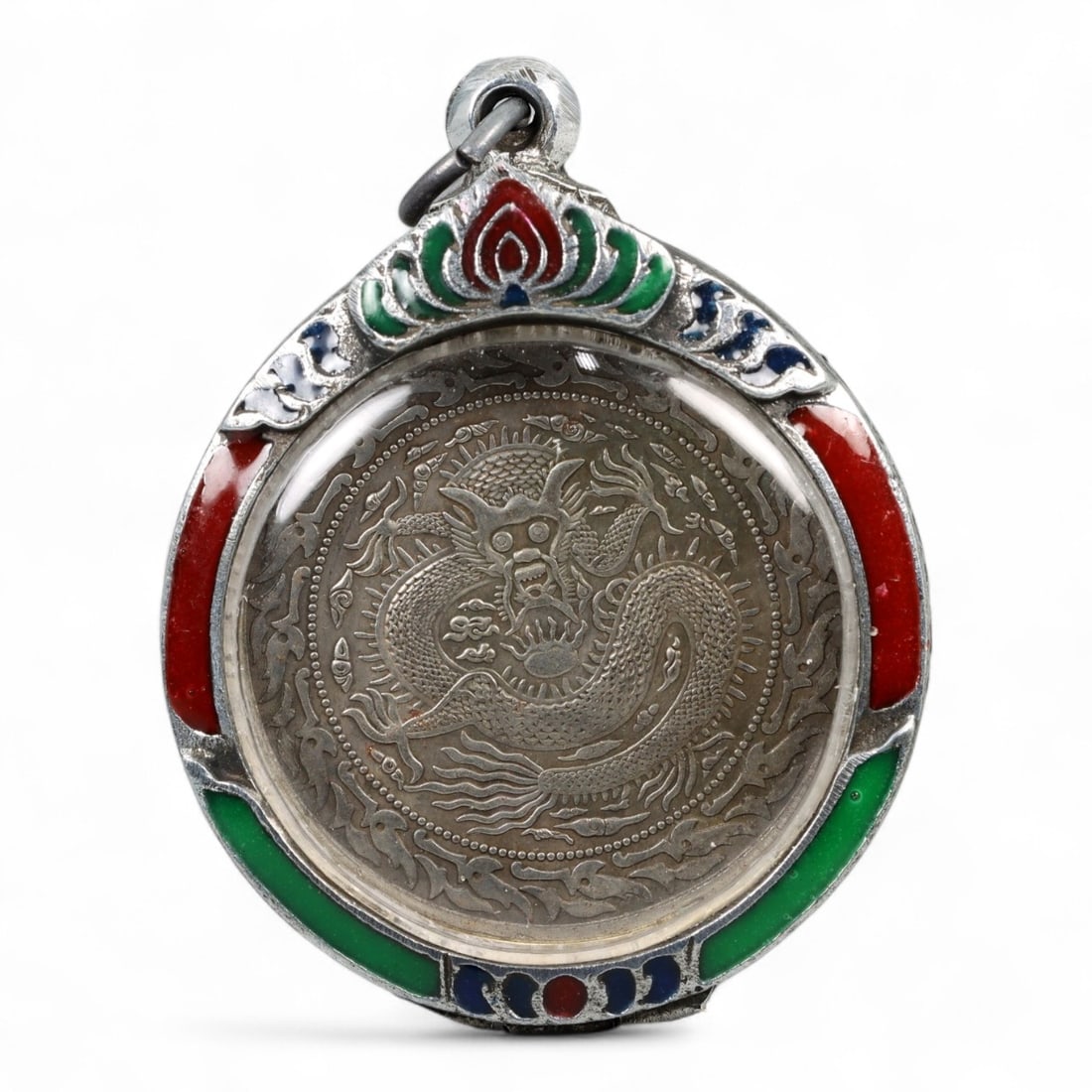 Antique Chinese Dragon & Emperor Medallion Amulet in Enamel Silver Case, c. Qing Dynasty, 46g (1 of 2)