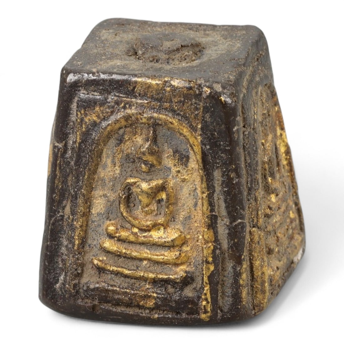 Antique Thai Four-Sided Buddha Directional Ritual Block Amulet, 19th-20th Century, 52g: This sacred Thai ritual block amulet features four Buddha images in deep relief, each seated within a pointed arch, symbolically aligned to represent the four cardinal directions. Crafted from a dark 