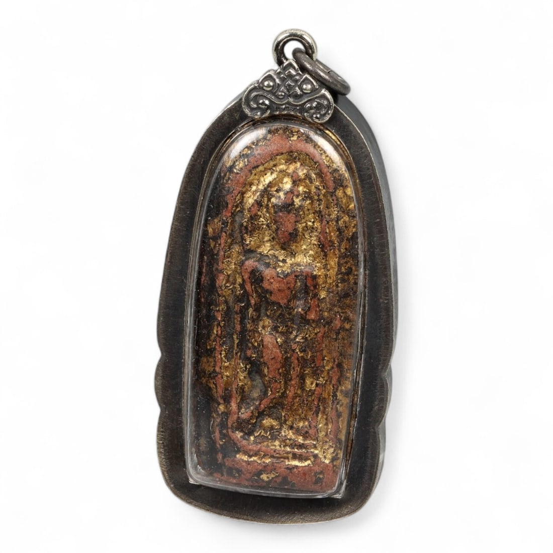 Antique Thai Standing Buddha Gilded Amulet Terracotta Pendant, 19th-20th Century, 18g (1 of 2)