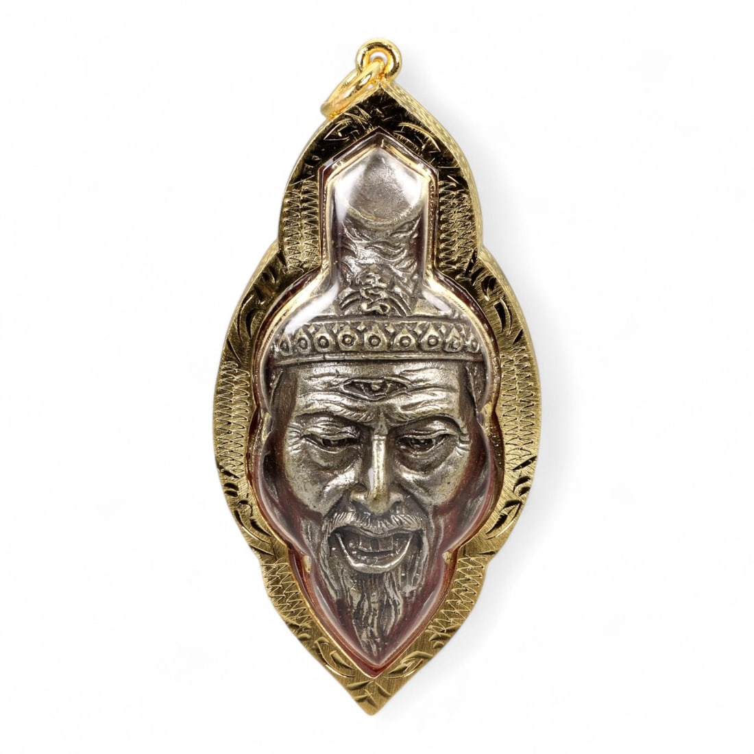 Vintage Indo-Himalayan Tantric Guardian Mask Amulet in Sculpted Gilt Frame, c. 20th Century, 32g: This dramatic Indo-Himalayan amulet presents the fierce visage of a tantric guardian, cast in high-relief silver alloy and encased within a bold gilt frame. The expressive face, marked by furrowed bro