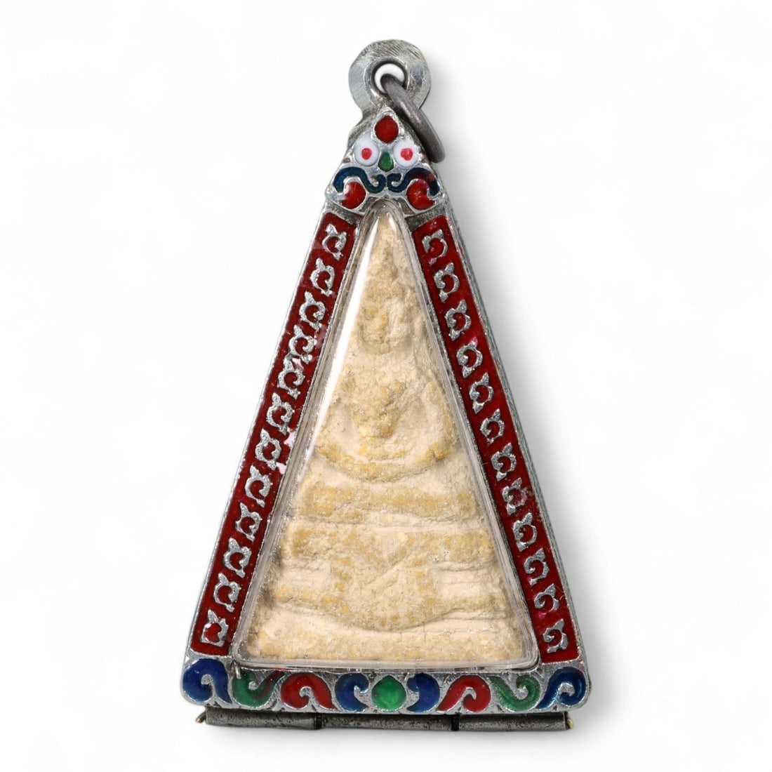 Vintage Thai Triangular Buddha Amulet in Red Enamel Shrine Frame, c. Mid-20th Century, 42g (1 of 2)