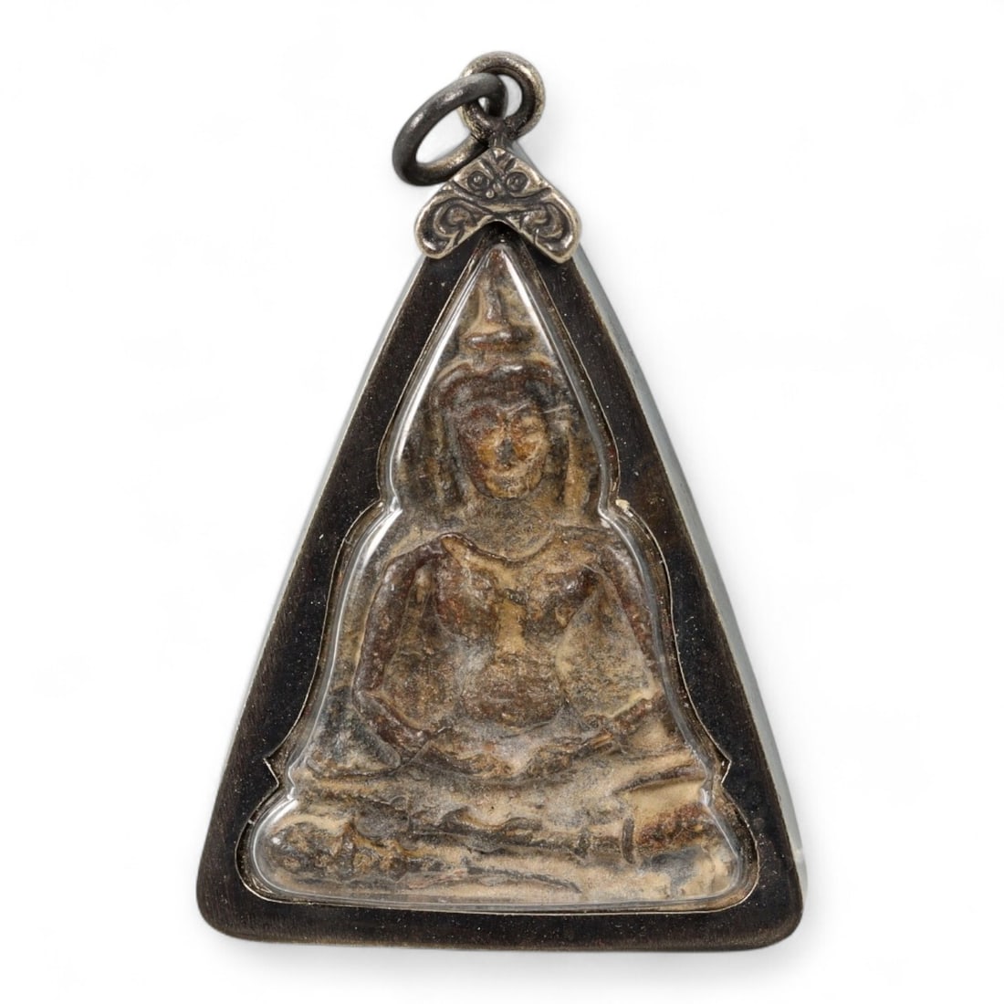 Antique Thai Seated Crowned Buddha Amulet Earthenware Pendant, 19th-20th Century, 23g: This regal Thai amulet features a crowned Buddha seated in meditation within a triangular frame, embodying both spiritual serenity and royal iconography. Crafted in earthenware with faint traces of po