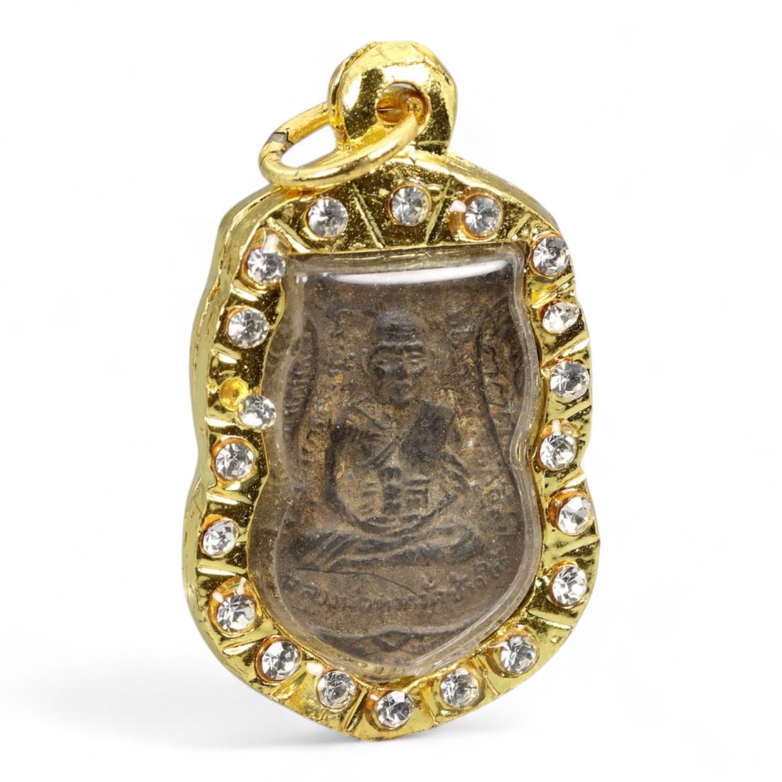 Thai Buddhist Monk Double Portrait Amulet in Crystal-Gilt Frame, Modern Era, 25.9g (1 of 2)
