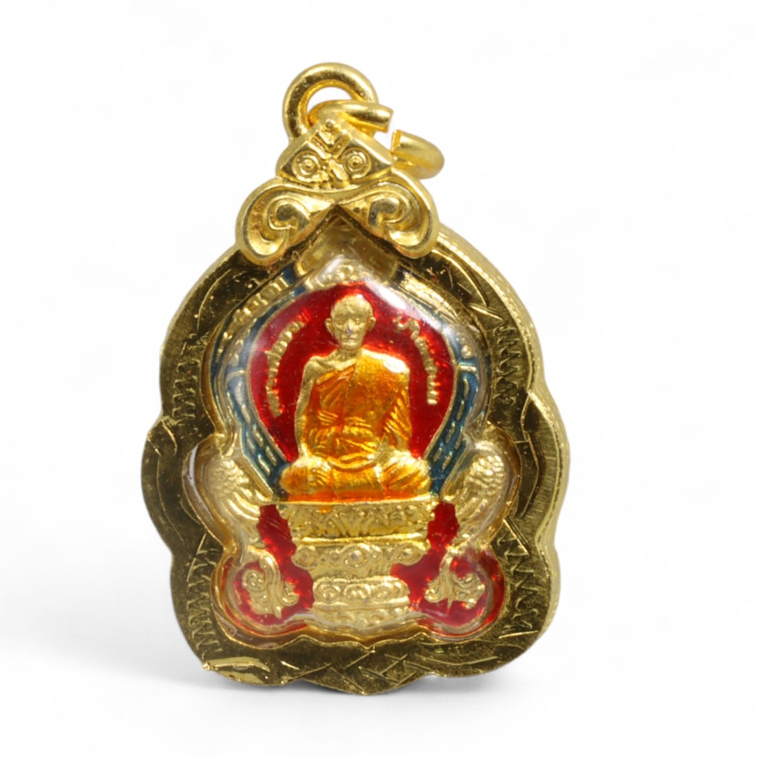 Thai Buddhist Seated Monk Amulet in Lotus Arch Gilt Case with Yantra Script, Modern Era, 6g (1 of 2)