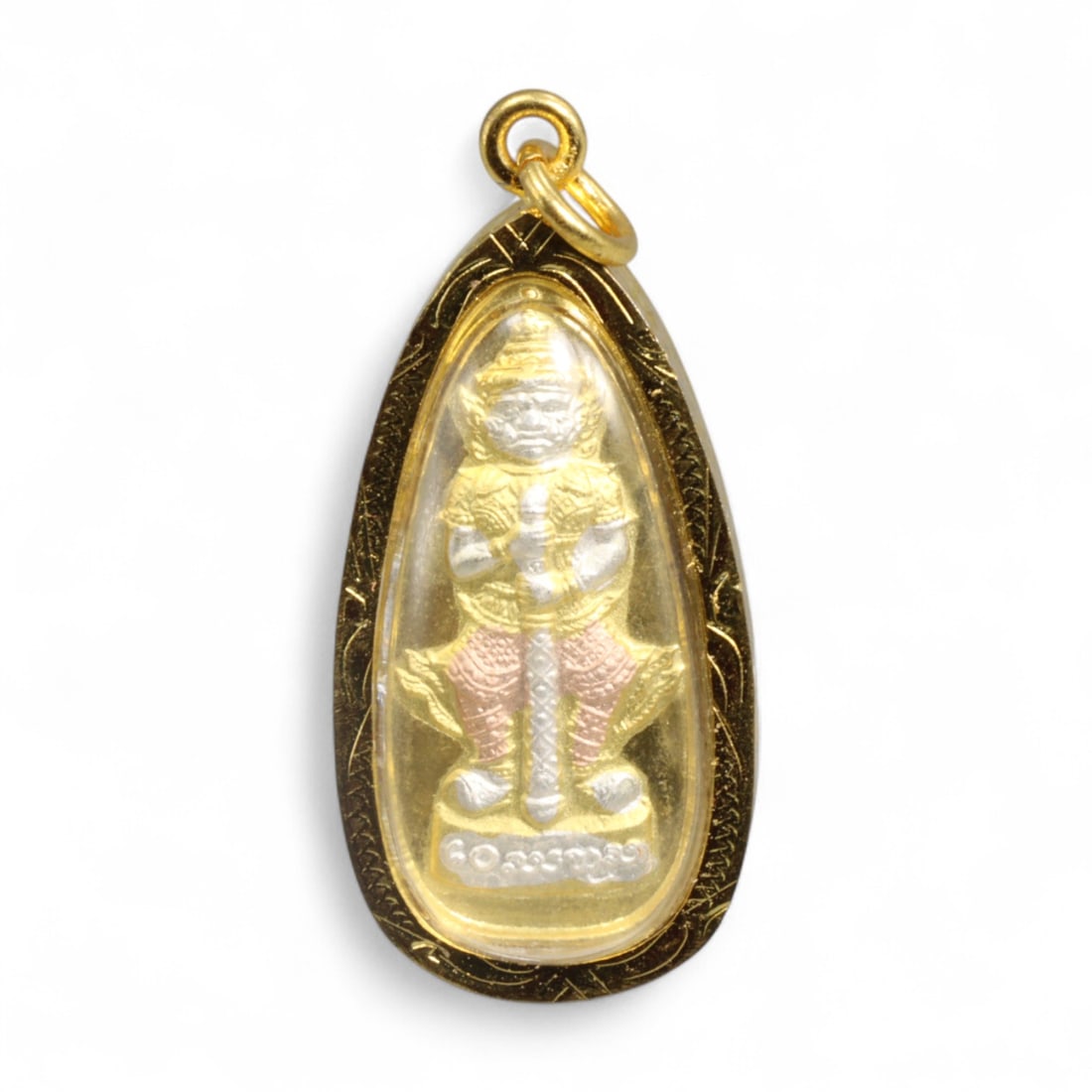 Thai Ramayana Hanuman Warrior Deity Gold-Tone Teardrop Amulet Pendant, Modern Buddhist Era, 7g (1 of 2)