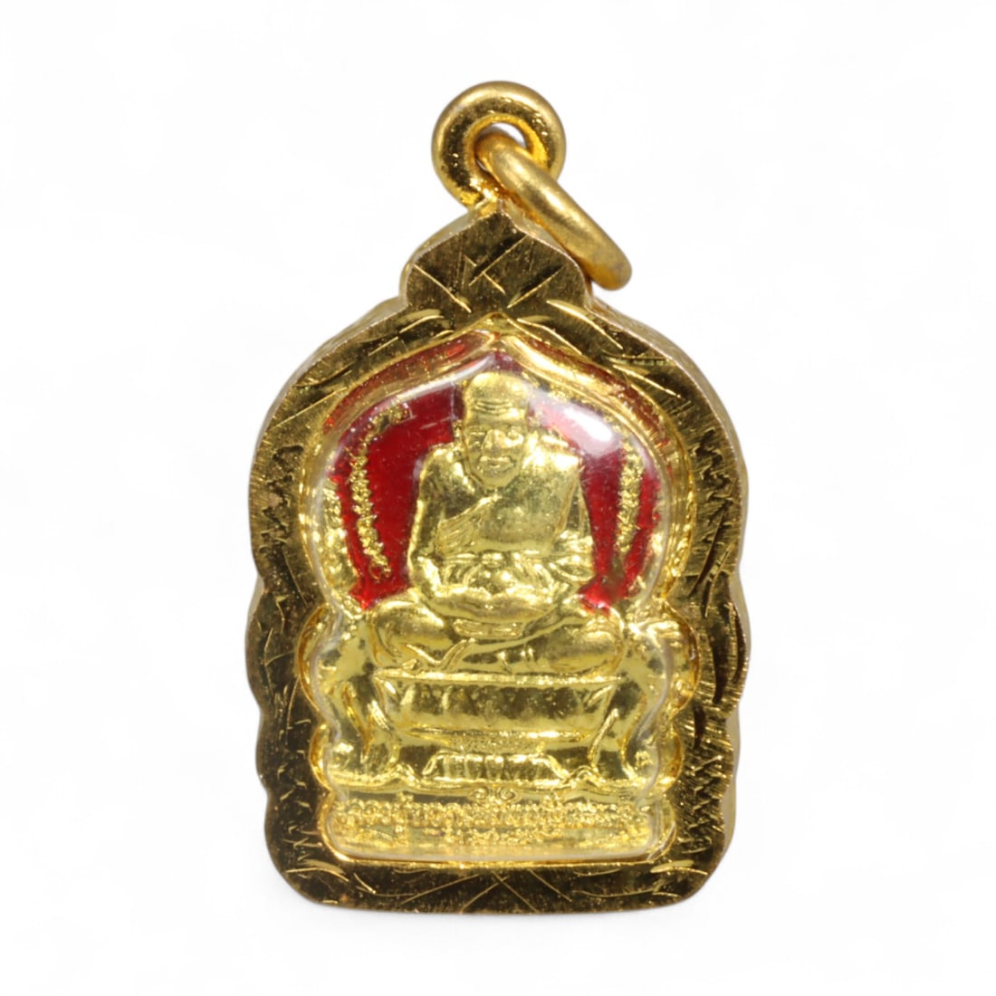 Thai Buddhist Seated Buddha Red-Back Gilt Amulet in Temple Arch Frame, Modern Era, 8g (1 of 2)