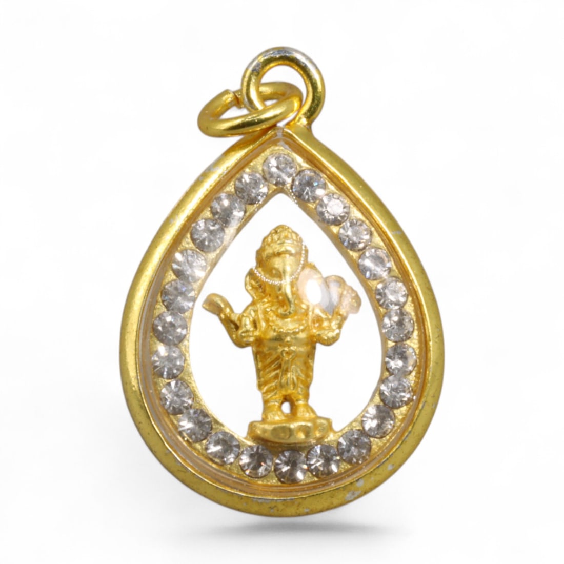 Indo-Himalayan Ganesha Teardrop Gold-Tone Amulet Pendant with Crystal Border, Modern Era, 4g (1 of 2)