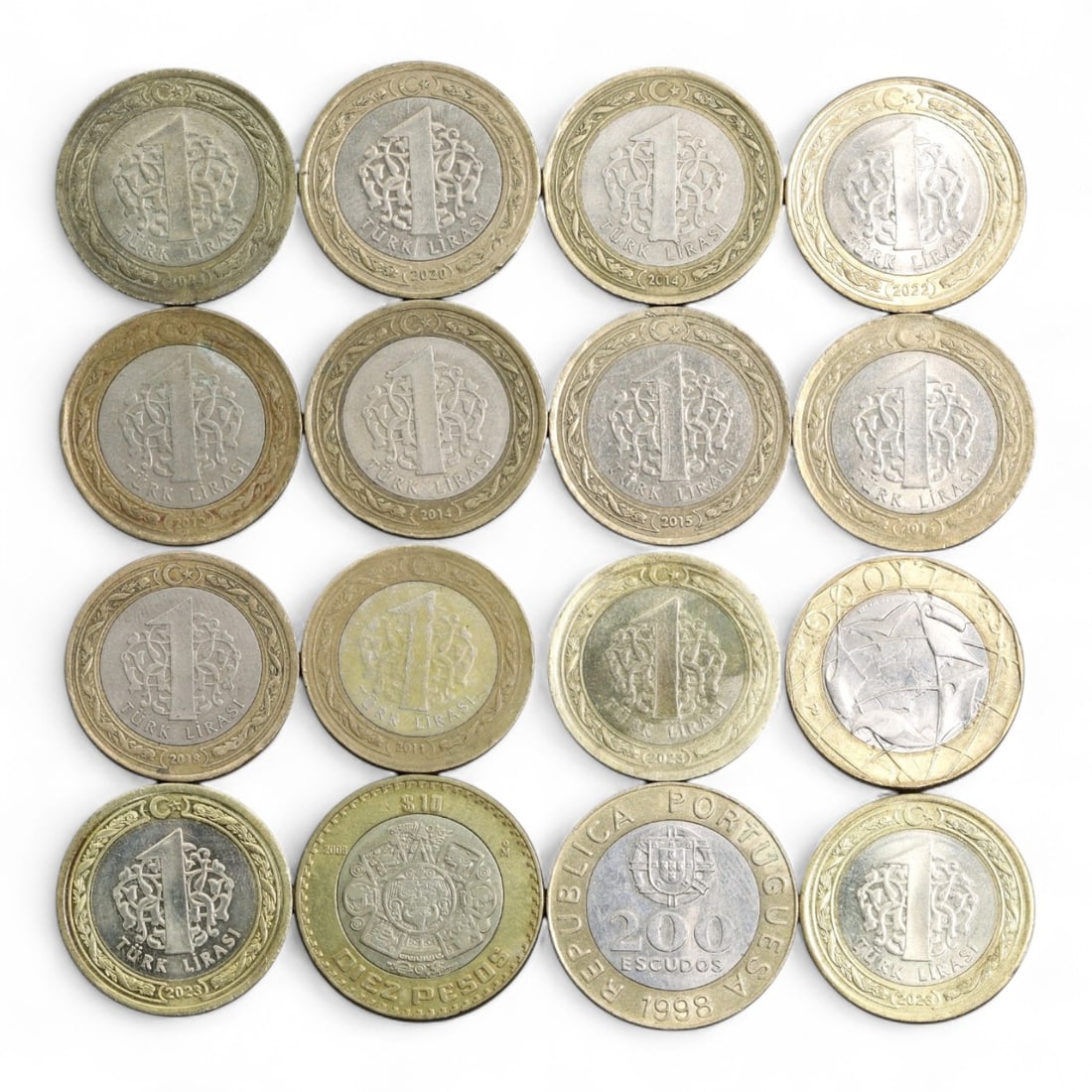 TURKEY & AMERICAS: Republican Continuity - Ataturk and Pan-American Bimetallic Coin Group, 28mm: This 16-coin bimetallic group unites a spectrum of Turkish 1 Lira issues with notable Latin American commemoratives, all bound by themes of national identity, modernity, and commemorative resolve. The