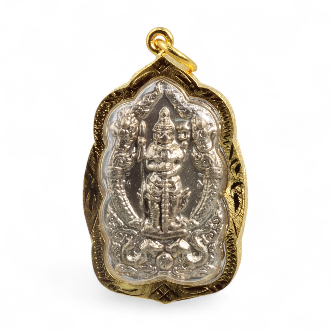 Thai Twin Deva Yantra-Blessed Scalloped Silver Amulet Pendant in Gold-Tone Frame, Modern Era, 18g (1 of 2)