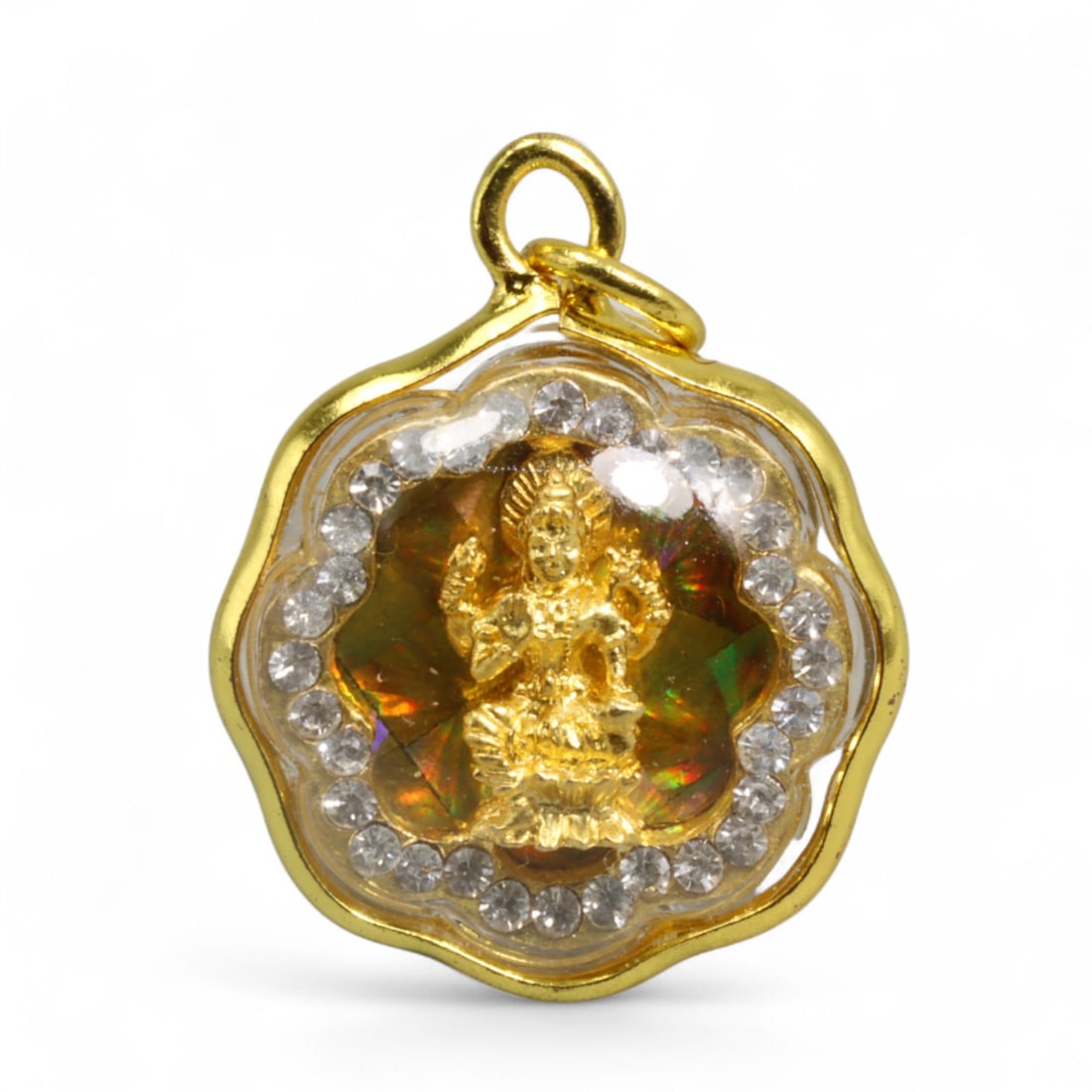 Indo-Himalayan Ganesha Lotus Amulet with Om Radiant Back in Gilt Flower Frame, Modern Era, 5g (1 of 2)