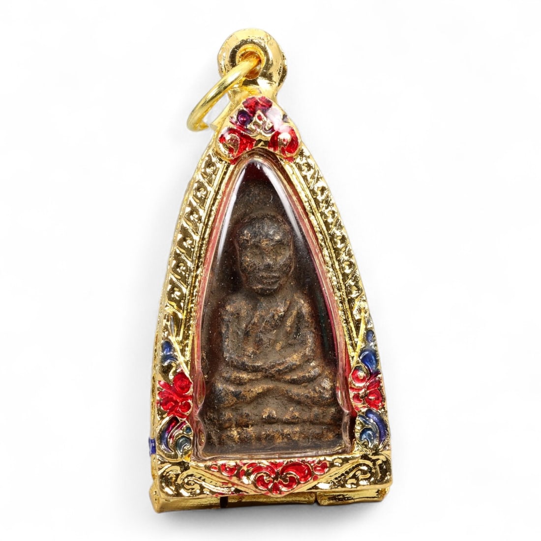 Antique Thai Rattanakosin Floral Enamel Buddha Votive Amulet Pendant, c. Mid-20th Century, 61g (1 of 2)