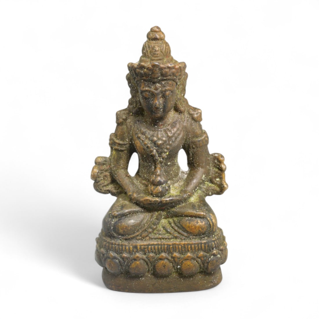 Antique Indo-Himalayan Crowned Buddha of Compassion Bronze Amulet Figure, c. 19th Century, 33g (1 of 2)