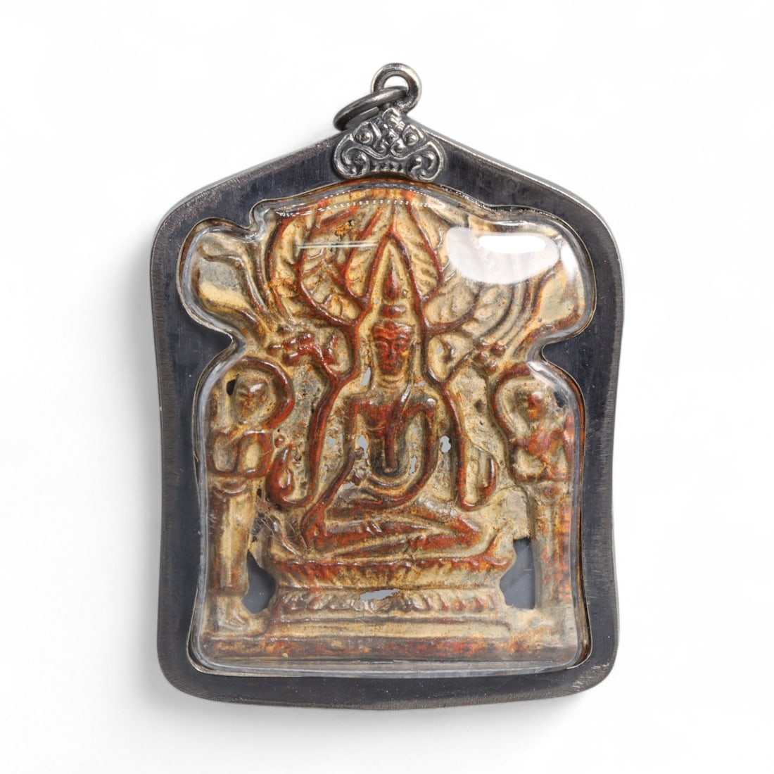 Vintage Thai Buddha Under Naga Canopy Amulet in Arched Alloy Case, c. Mid-20th Century, 32g (1 of 2)