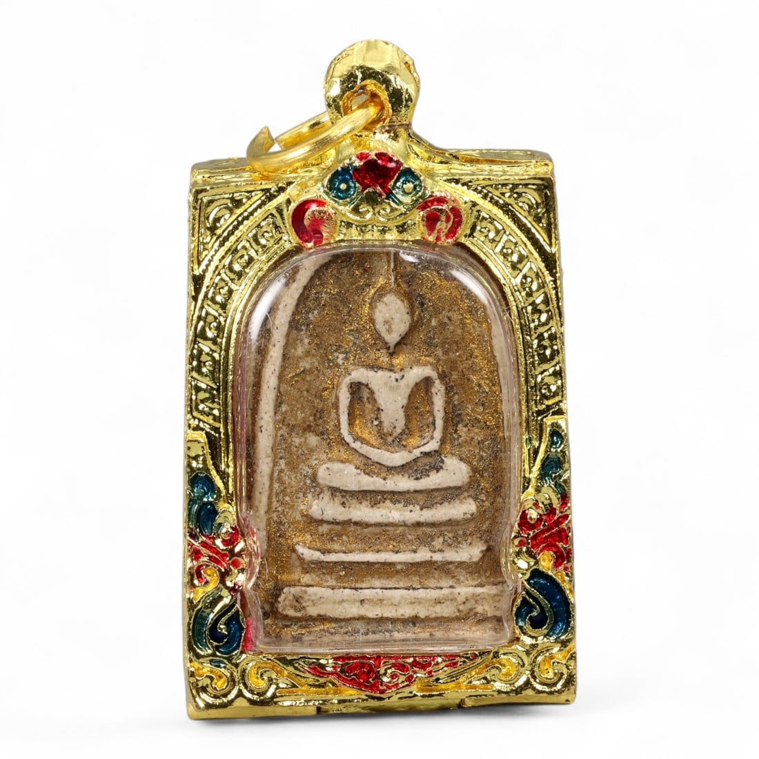 Antique Thai Rattanakosin Buddha in Gold-Gilded Frame Enamel Amulet, c. 19th Century CE, 59g: An enduring symbol of devotion and protection, this antique Thai Buddhist amulet from the Rattanakosin era (19th century CE) displays a serene seated Buddha in the classic meditative posture, framed w