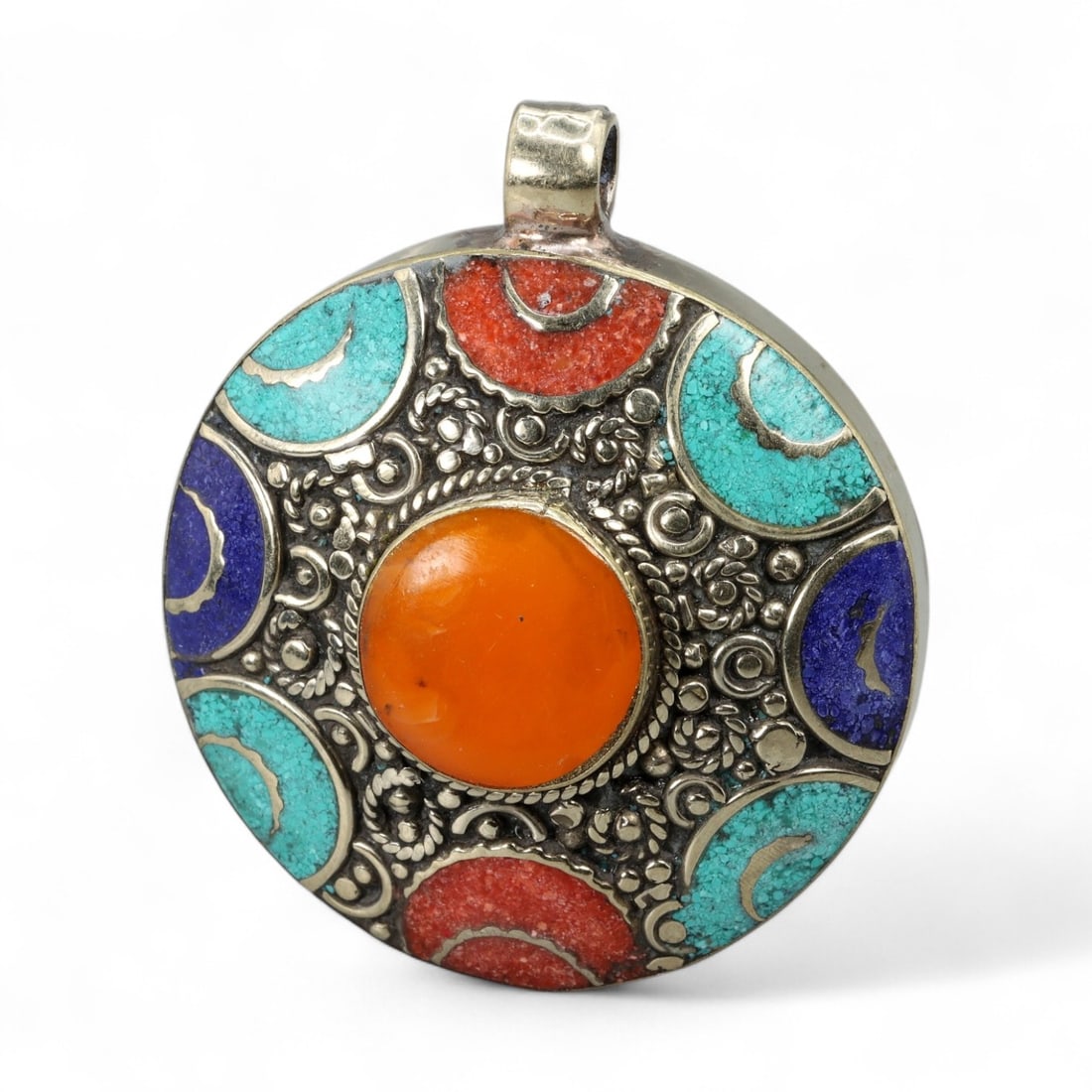 Tibetan Cosmic Harmony Amber Coral Turquoise Lapis Pendant Necklace, Himalayas Origin, 48g (1 of 2)