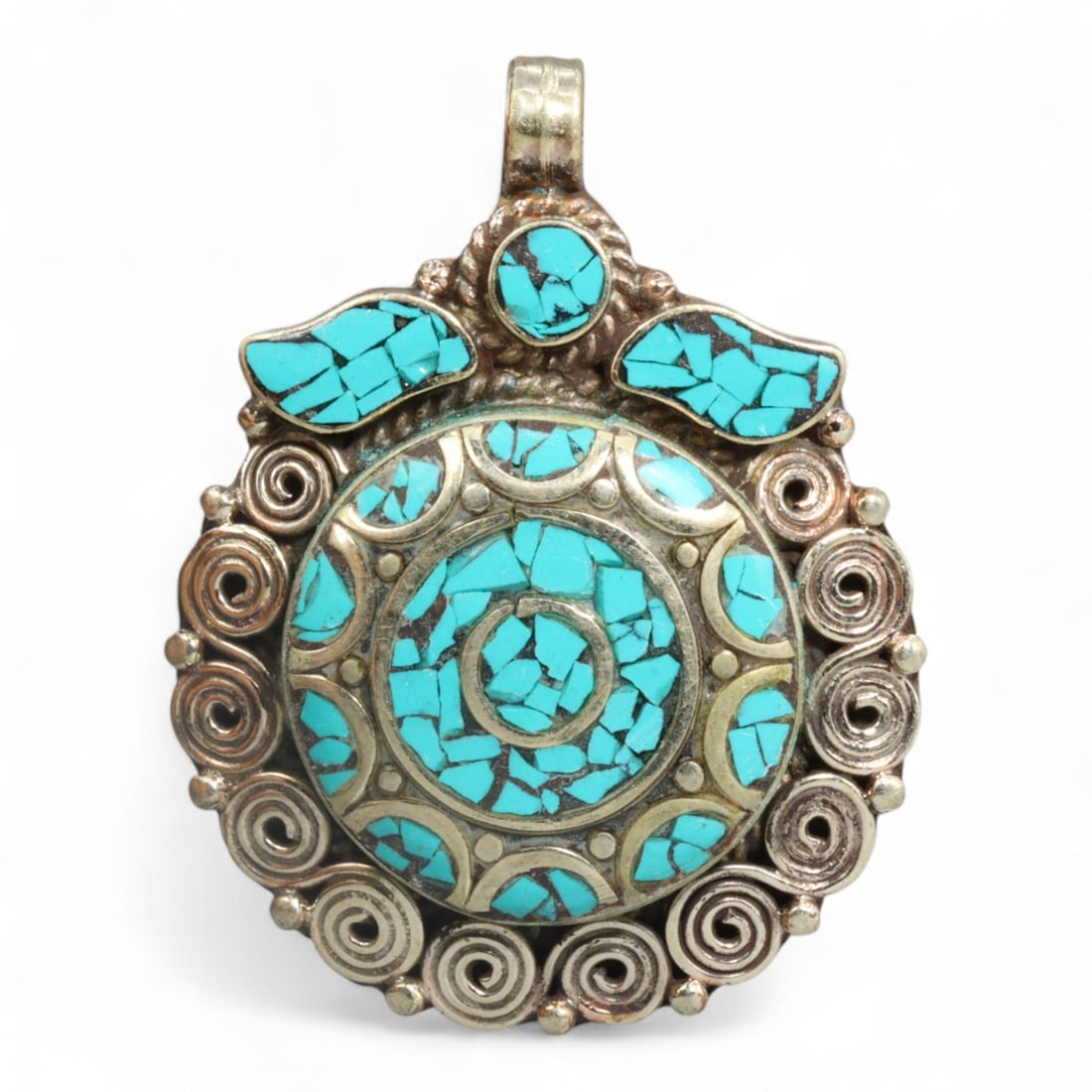 Tibetan Sun Spiral Turquoise Mosaic Amulet Pendant, 42g (1 of 2)