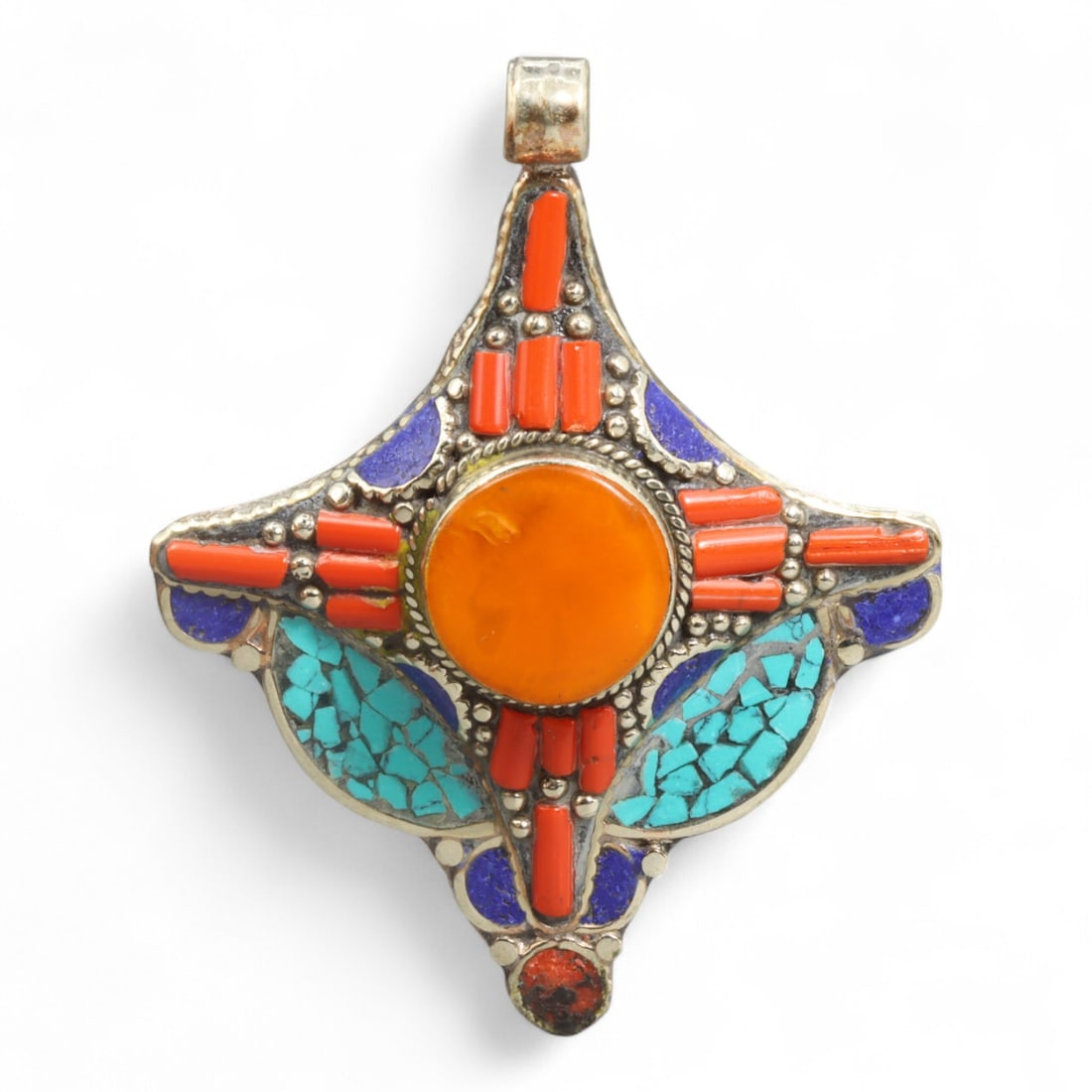 Tibetan Sun Disc Coral-Turquoise Inlay Silver Alloy Necklace Pendant, Himalayan, 31g: This radiant pendant captures the vibrant spirit of Himalayan craftsmanship, drawing from Tibet's deep-rooted traditions of symbolic ornamentation and cosmic spirituality. At the heart of the design l