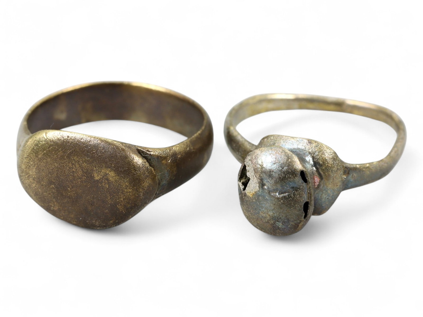 Ancient Medieval Bronze Signet & Silver Bell Rings Pair, c. 11th-13th Century CE, 5.5-6.75 US, 3.5g (1 of 1)