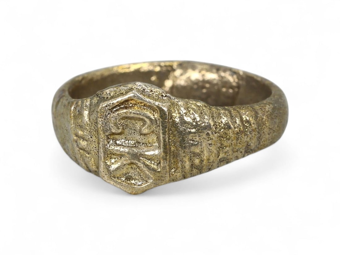 Ancient Medieval Byzantine Inscribed Monogram Bronze Ring, c. 11th-13th Century CE, US 5.25, 3.6g (1 of 3)