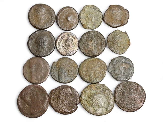 ROMAN EMPIRE: Collapse & Continuity - Late AE4 Bronze Coin Lot, 4th-5th Century, 16pcs, 12-15mm, 21g: This modest yet historically weighty lot of 16 small bronze coins-classified as AE4-originates from the waning centuries of the Roman Empire, a period marked by internal fragmentation and external thr