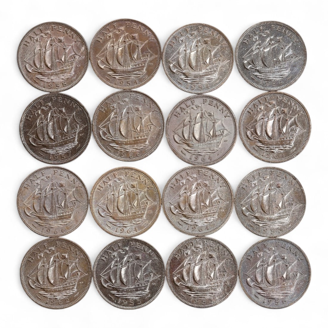 UNITED KINGDOM: Britannia Reimagined - Elizabeth II Half Penny Coin Lot, 1954-1966, 16 Coins, 90g (1 of 2)