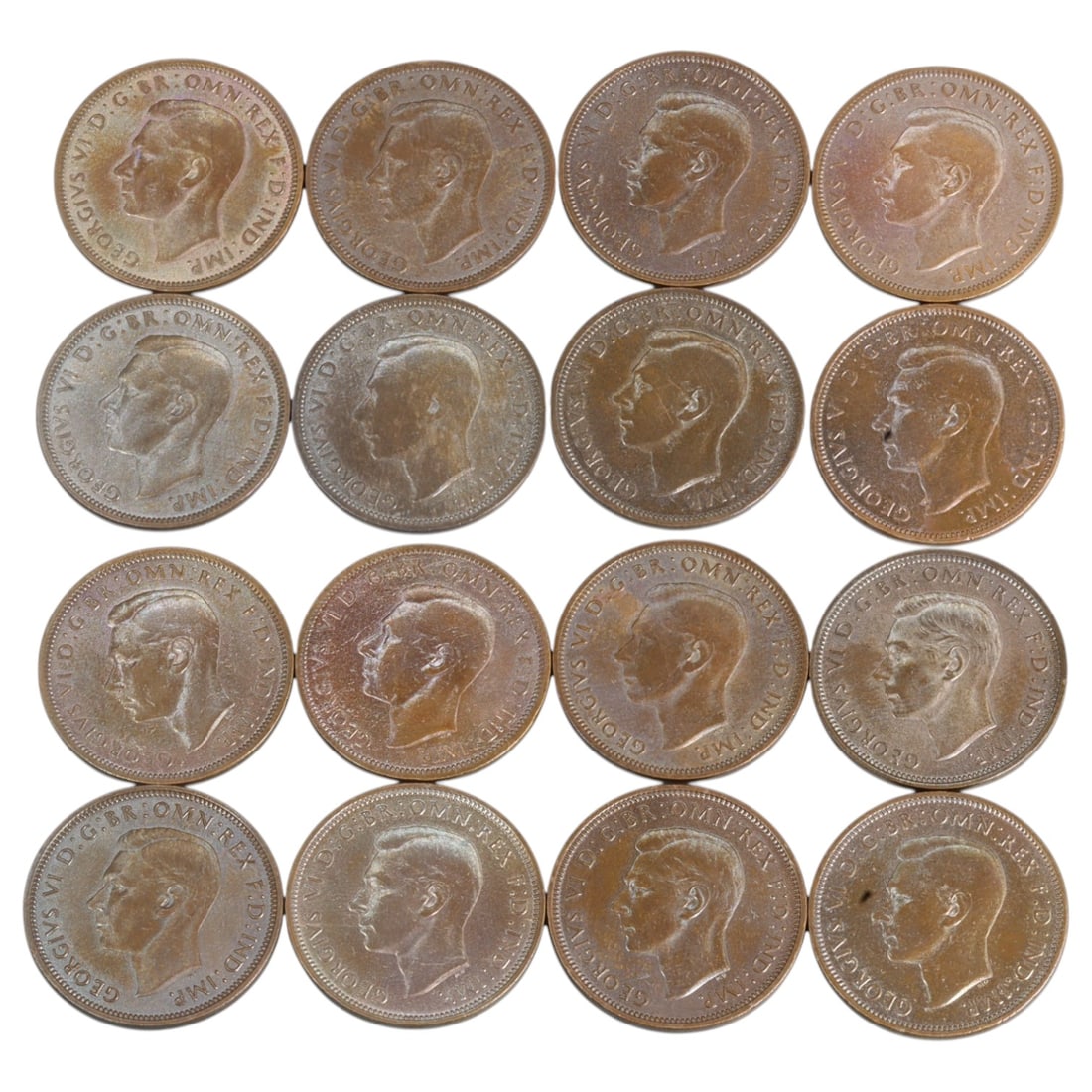UNITED KINGDOM: George VI - Wartime Resolve Half Penny Coin Group, 1941-1949, 25mm (16 Coins) (1 of 2)