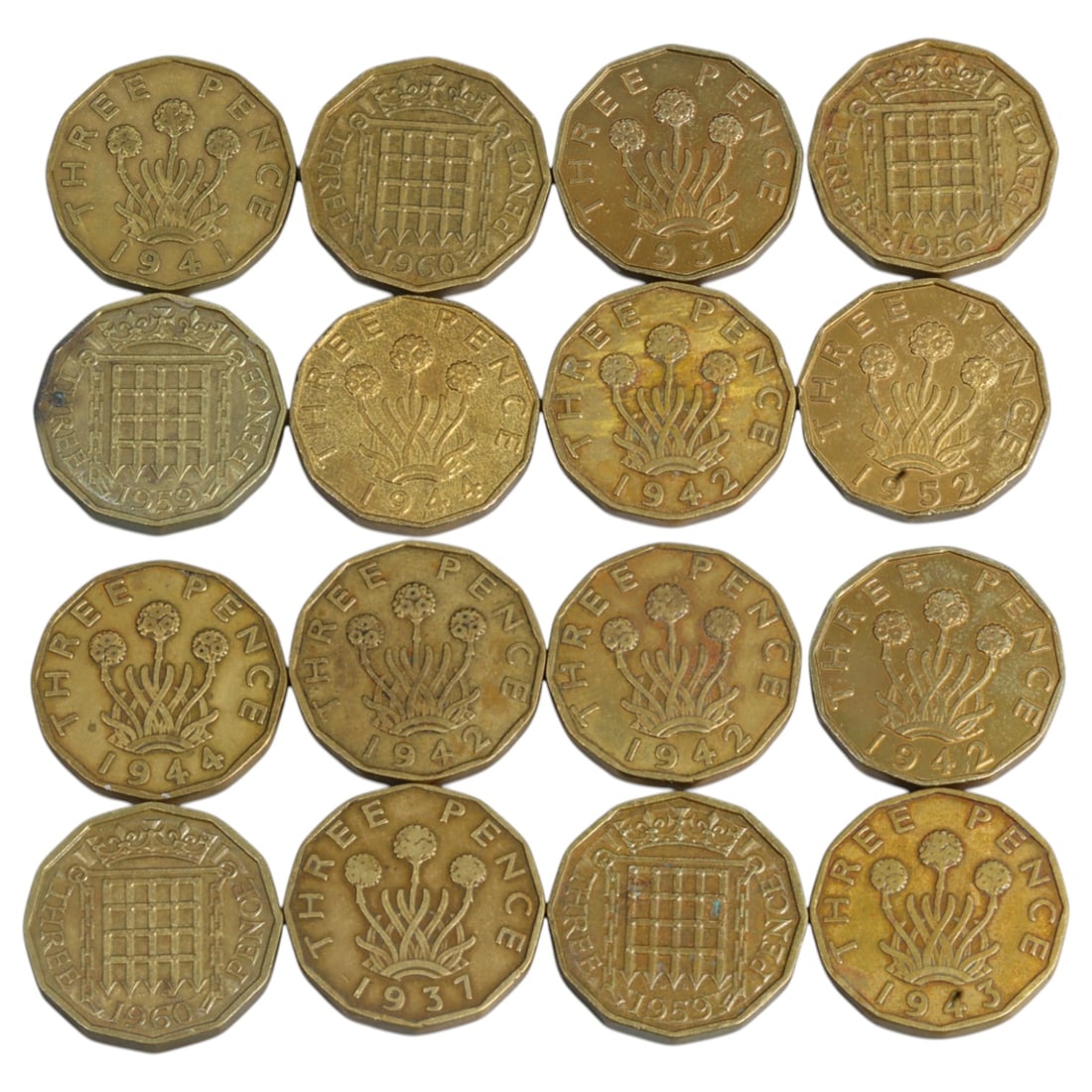 UNITED KINGDOM: George VI & Elizabeth II - National Identity Threepence Coin Lot, 12-sided 20mm: This distinctive group of sixteen twelve-sided brass threepence coins spans the pivotal reigns of George VI and Elizabeth II, reflecting Britain's transition from imperial resolve to post-war modernit