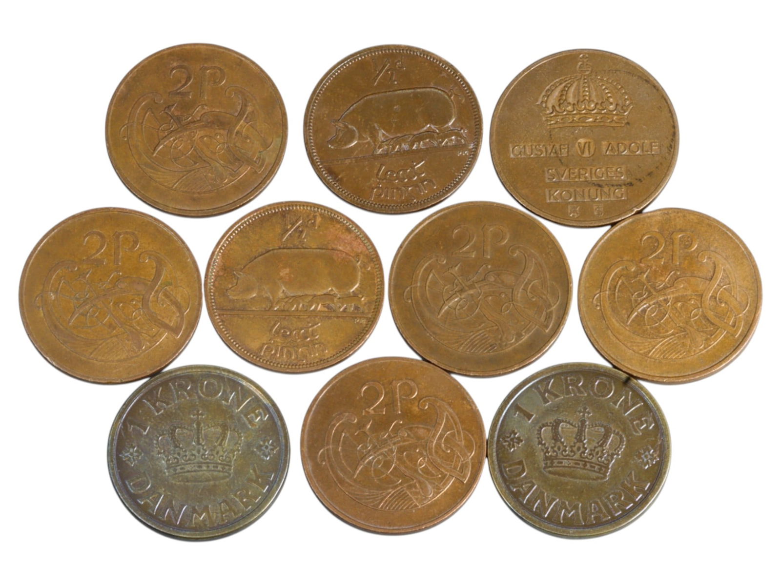 IRELAND, DENMARK & SWEDEN: Regional Symbolism - Mixed Bronze Coin Group, 1940-1980, 25mm (10 Coins) (1 of 2)