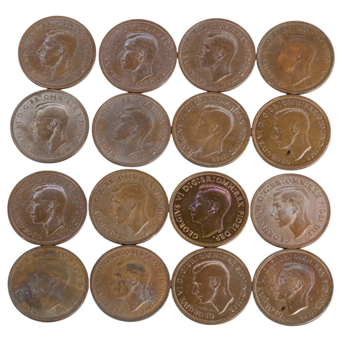 UNITED KINGDOM: George VI - Wartime Perseverance Half Penny Coin Group, 1939-1950, 25mm (16 Coins) (1 of 2)
