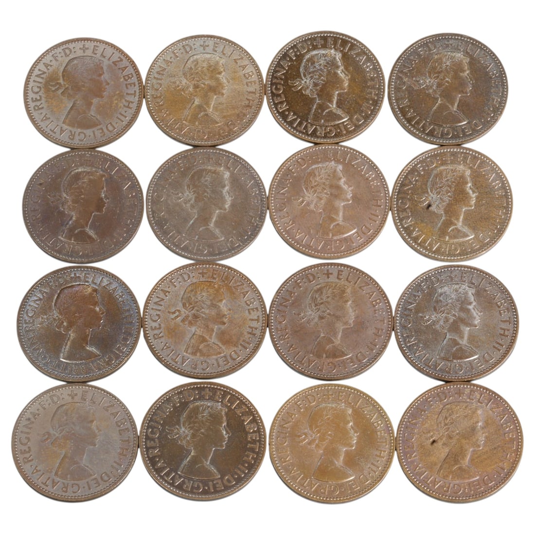 UNITED KINGDOM: Elizabeth II - Maritime Heritage Half Penny Coin Group, 1954-1967, 25mm (16 Coins): Issued during the height of Britain's post-war recovery and early Commonwealth transitions, this group of sixteen bronze half penny coins from Queen Elizabeth II's reign serves as both a circulating c