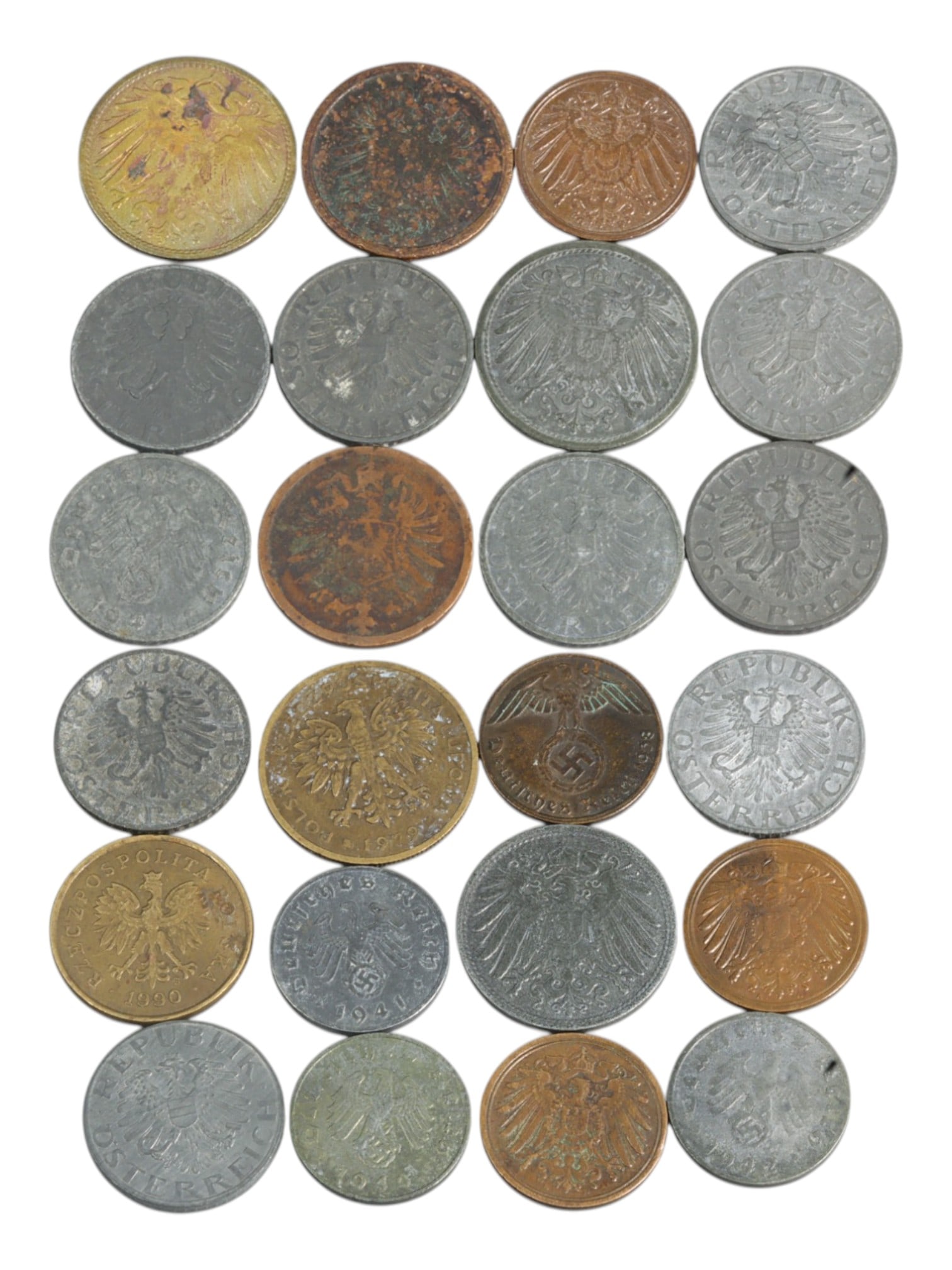 GERMANY & AUSTRIA: Twentieth-Century Monetary Reform Coin Lot, 1916-1972, 15-20mm (24 Coins): This 24-coin group offers a compact yet compelling narrative of Central Europe's most turbulent century, conveyed through its lowest denominations. Spanning the German Empire, Weimar Republic, Nazi Ge