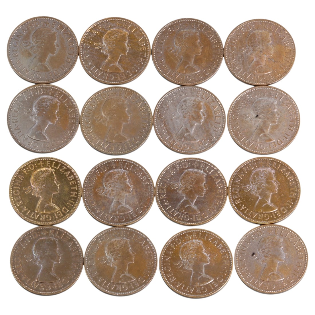 UNITED KINGDOM: Elizabeth II - Maritime Heritage Half Penny Coin Group, 1954-1967, 25mm (16 Coins): This set of sixteen bronze half penny coins showcases the early reign of Queen Elizabeth II, minted from 1954 to 1967, during a pivotal period of postwar identity consolidation and imperial transforma