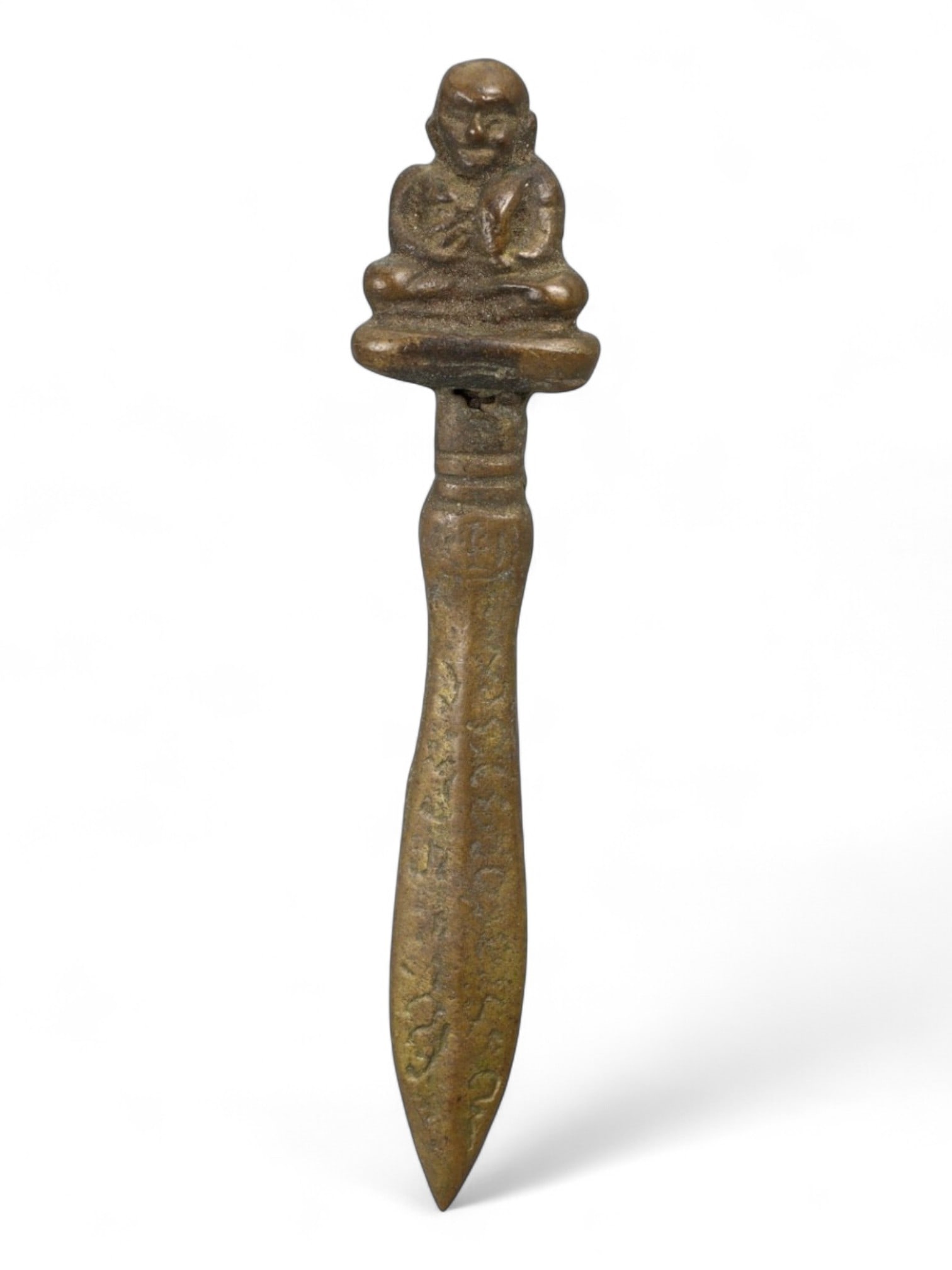 Vintage Thai Ritual Dagger with Seated Monk Topper Bronze Talismanic Blade, Mid 20th Century, 31g: This rare vintage Thai ritual dagger combines the fierce spiritual symbolism of a protective blade with the serene image of a meditative monk seated at the hilt. Cast entirely in bronze and dating to