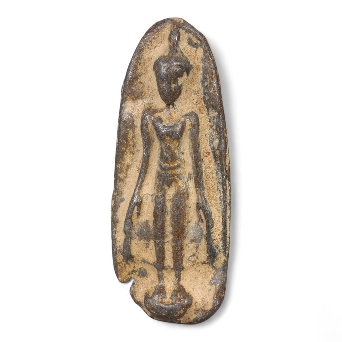 Antique Thai Walking Buddha Metal Amulet in Sacred Posture, 19th-20th Century, 26g: This elegant antique Thai amulet presents the serene figure of the Walking Buddha, delicately cast in metal and standing 5.5 cm tall by 2 cm wide. Weighing 26 grams, the amulet dates to the late 19th 