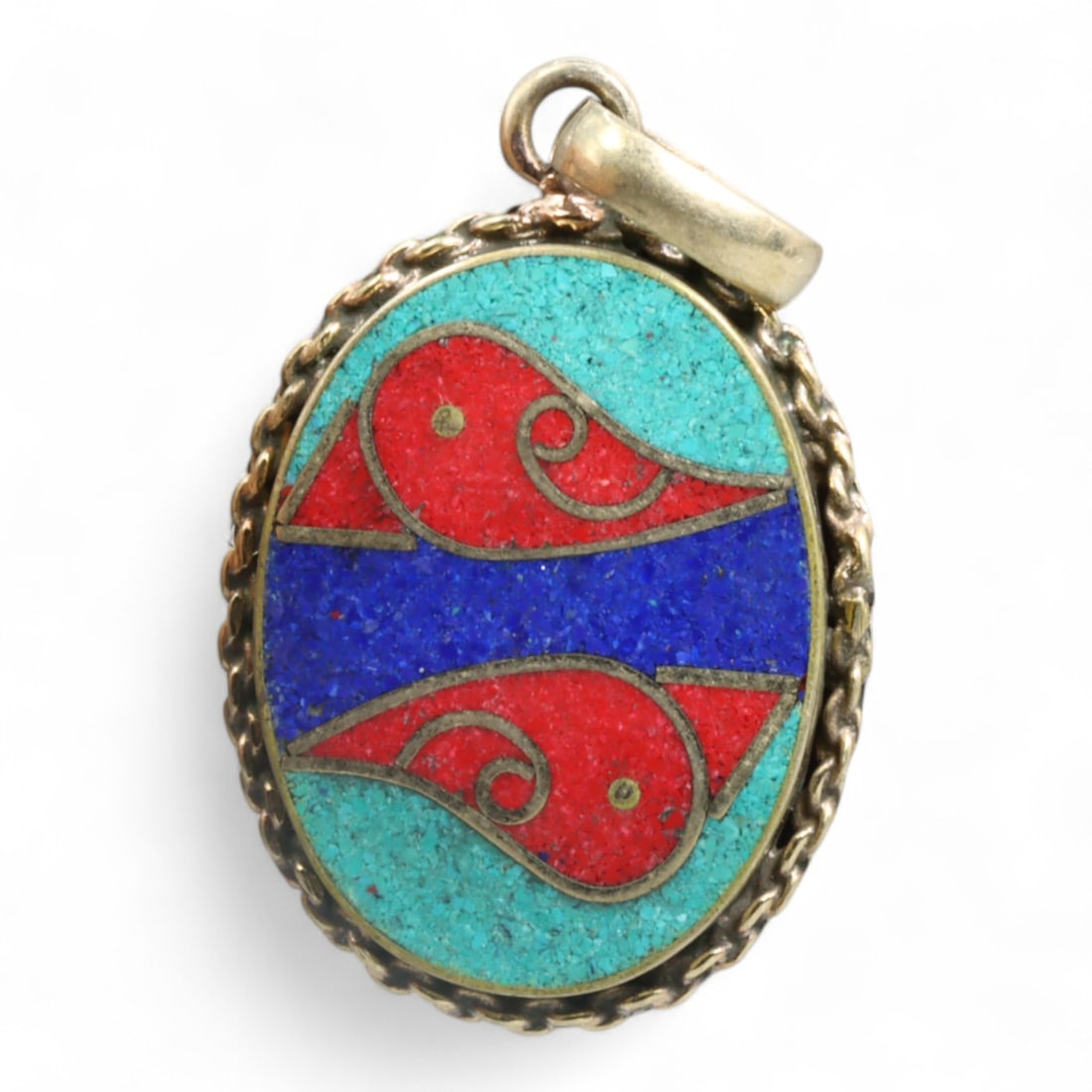 Tibetan Bird Motif Turquoise Coral Silver Pendant, Symbolic Harmony Design, 9.4g (1 of 2)