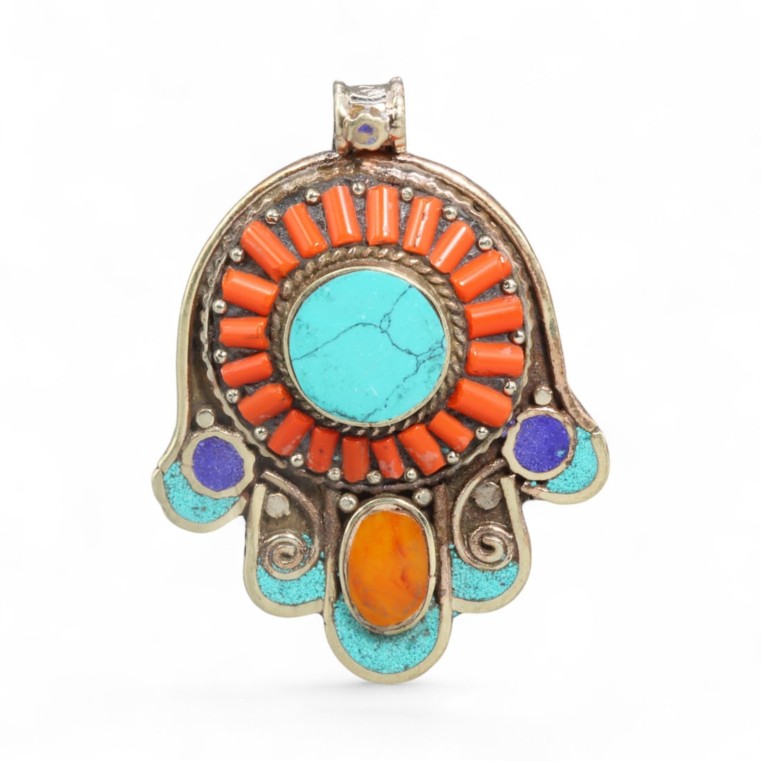 Tibetan Hamsa Hand Turquoise Coral Lapis Amber Silver Pendant, Protective Energy Symbol, 51.3g: This bold Tibetan pendant embodies the spiritual power of the Hamsa hand-an ancient protective symbol interpreted through vibrant Himalayan artistry. At its center, a large turquoise cabochon radiates