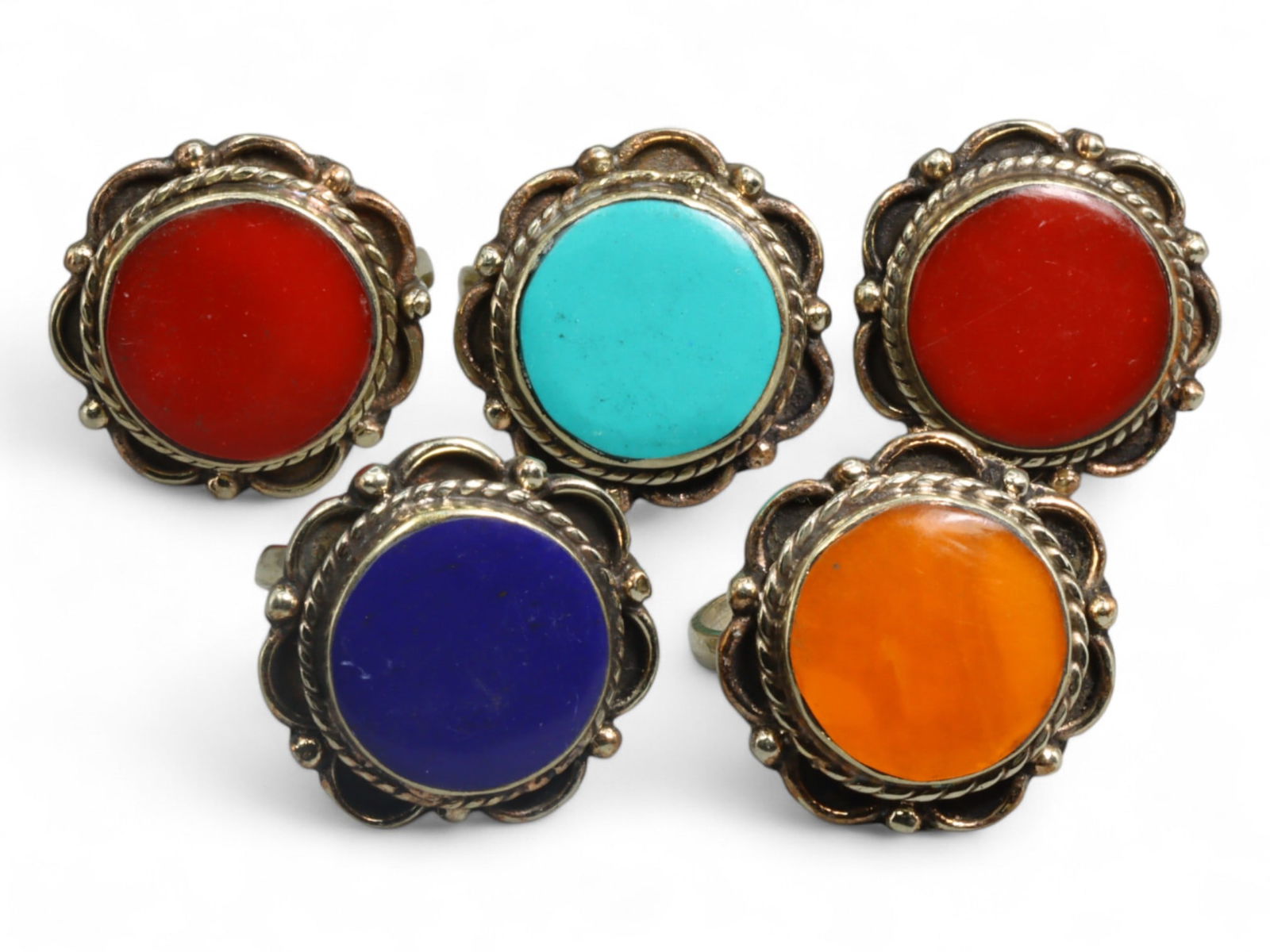 Tibetan Elemental Symbolism Silver Ring Set with Coral, Amber, Lapis, Turquoise, Himalayan, 23g (1 of 2)