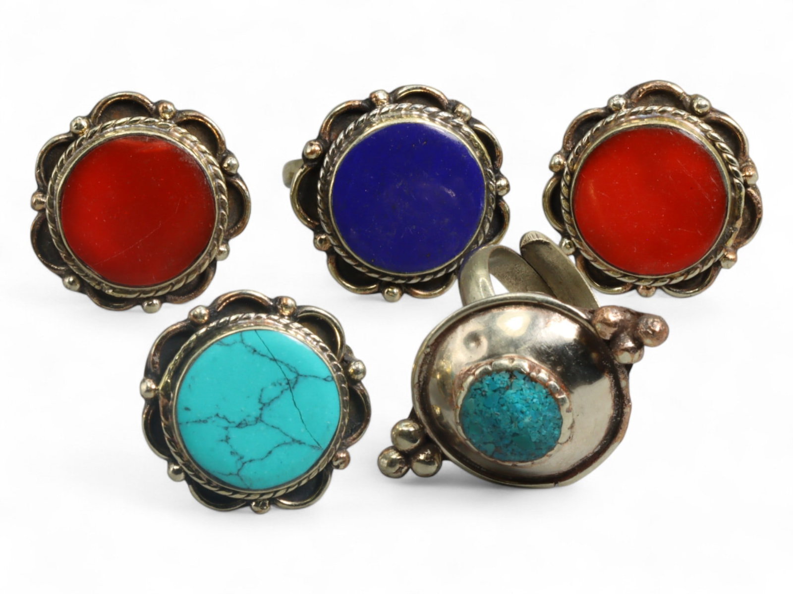 Tibetan Elemental Symbolism Silver Ring Set with Coral, Amber, Lapis, Turquoise, Himalayan, 29g (1 of 2)