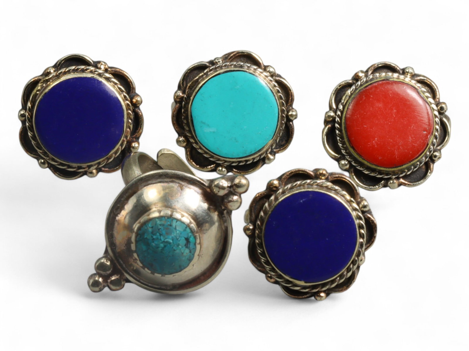 Tibetan Elemental Symbolism Silver Ring Set with Coral, Amber, Lapis, Turquoise, Himalayan, 31g (1 of 2)