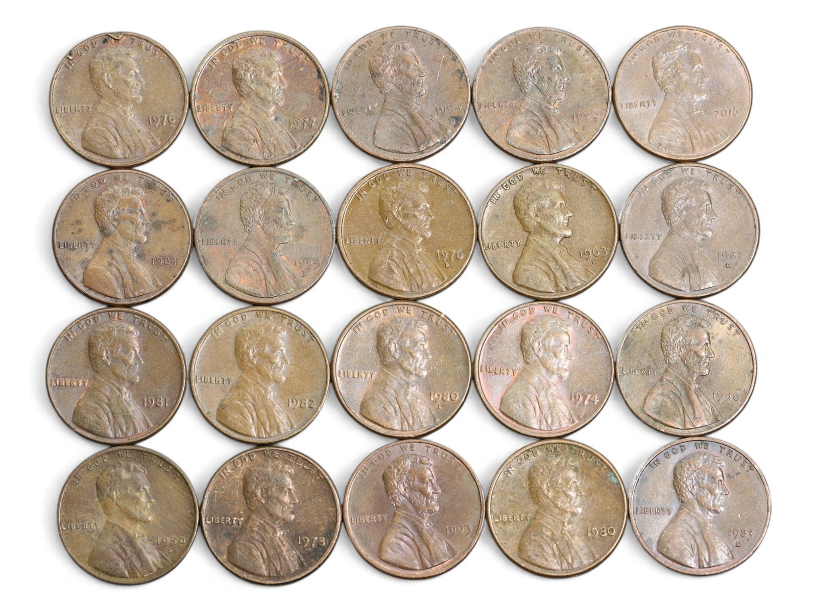 UNITED STATES: Lincoln Memorial - Civic Idealism 1 Cent Coin, 1963-2016, 20mm (Lot of 20): These 20 Lincoln Memorial cents present a cross-section of American identity as shaped by currency-anchored in tradition, yet evolving with the nation it represents. The obverse preserves the enduring