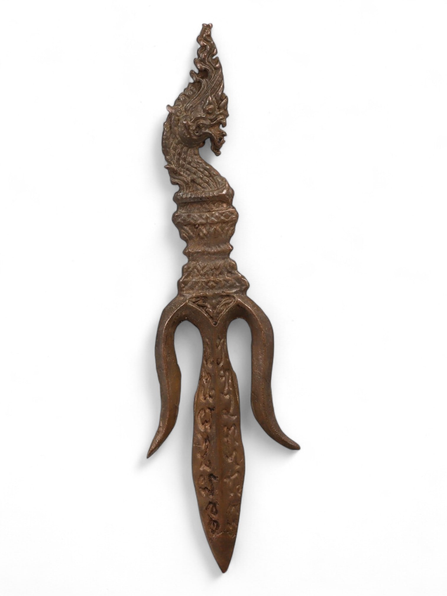 Vintage Thai Rattanakosin Era Naga-Head Ritual Trident Bronze Amulet, Mid 20th Century, 29g: This striking bronze amulet takes the form of a ritual trident crowned with the fierce head of a Naga, the mythical serpent guardian in Southeast Asian and Indic spiritual traditions. Cast in mid 20th