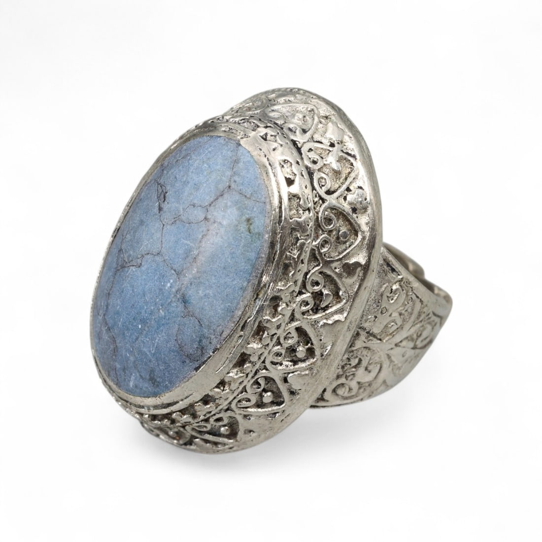 Antique Islamic Ornate Bezel Silver Alloy Tribal Ring, c. 19th Century, US 8.25, 13g: This striking antique silver alloy ring embodies the opulent craftsmanship of Islamic silversmithing from the 19th century, likely originating from Central or South Asia under Persian Qajar or Afghan