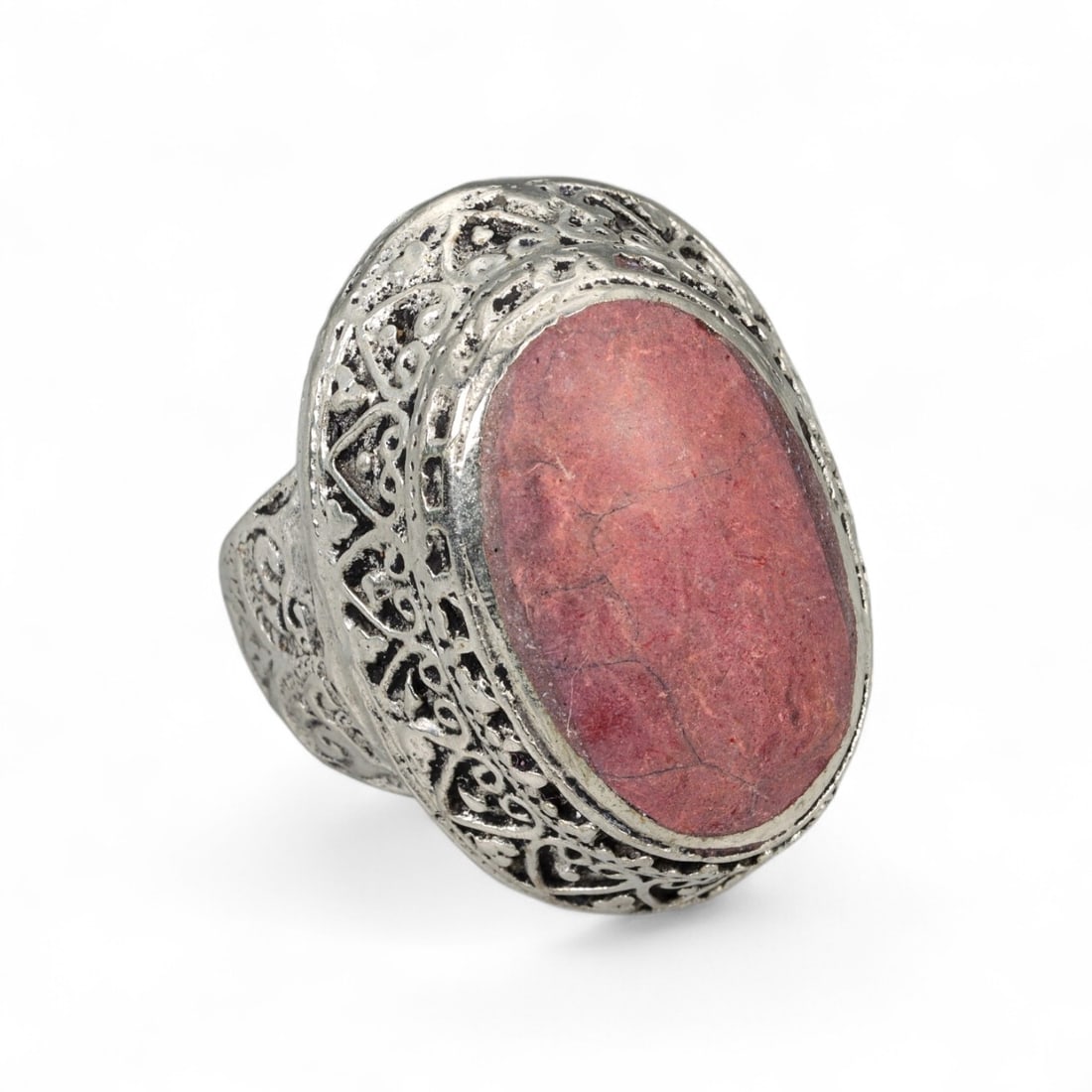 Antique Islamic Ornate Bezel Silver Alloy Tribal Ring, c. 19th Century, US 8, 13g: This striking antique silver alloy ring embodies the opulent craftsmanship of Islamic silversmithing from the 19th century, likely originating from Central or South Asia under Persian Qajar or Afghan