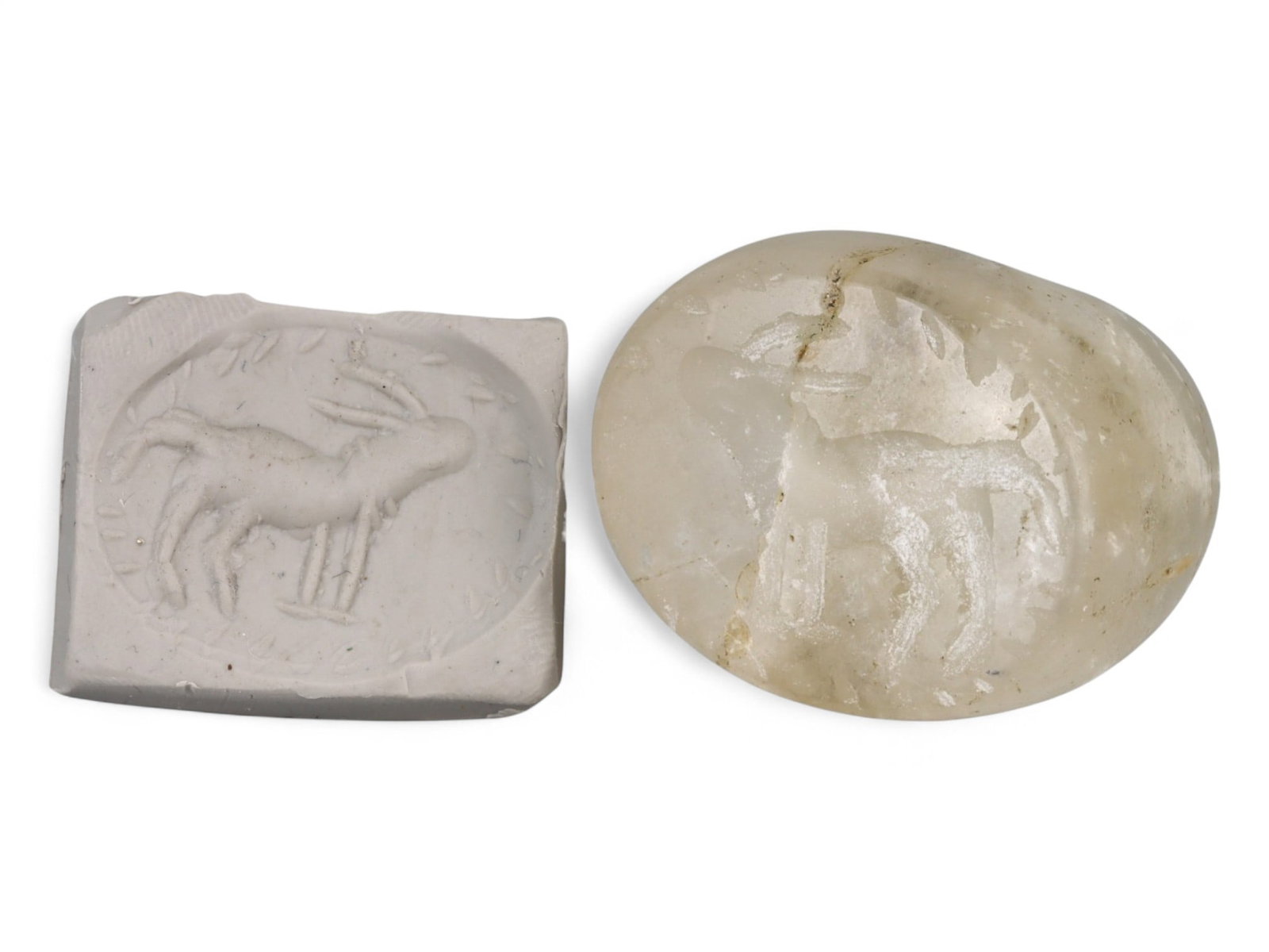Ancient Near Eastern Ibex Motif Rock Crystal Hemispherical Stamp Seal, c. 2nd Millennium BCE, 25g: This striking hemispherical stamp seal, carved from translucent rock crystal and weighing a substantial 25 grams, dates to the Ancient Near East in the 2nd millennium BCE, likely during the Middle Bro