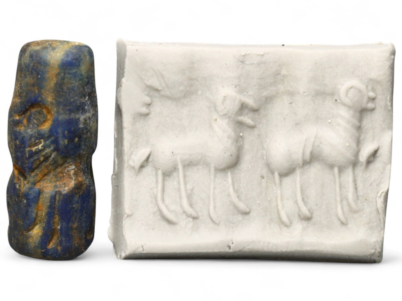 Ancient Early Dynastic Ram Procession Lapis Lazuli Cylinder Seal, c. 2900-2350 BCE, 3.8g: Carved in vibrant lapis lazuli, this Early Dynastic cylinder seal captures the elegance and ritual symbolism of Mesopotamian animal motifs. Dating to c. 2900-2350 BCE, the piece features two prominent