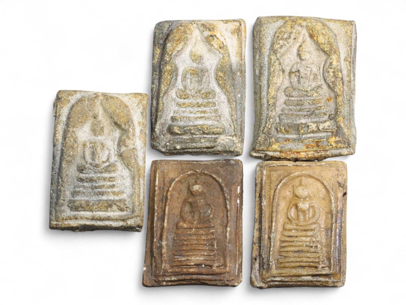 Antique Thai Clay Buddha Amulet Set of 5, Meditation Motifs, c. Late 19th-early 20th Century, 63g (1 of 2)