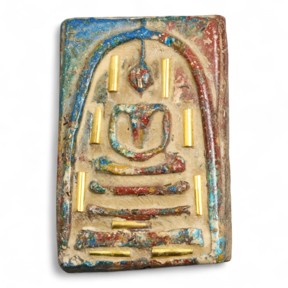 Vintage Thai Buddha Clay Amulet Meditative Seal Form, c. Mid 20th Century, 8g: This finely pressed Thai clay amulet represents a meditative Buddha seated within a stylized arch or temple-like form, embodying the deeply spiritual traditions of Theravada Buddhism prominent in Thai