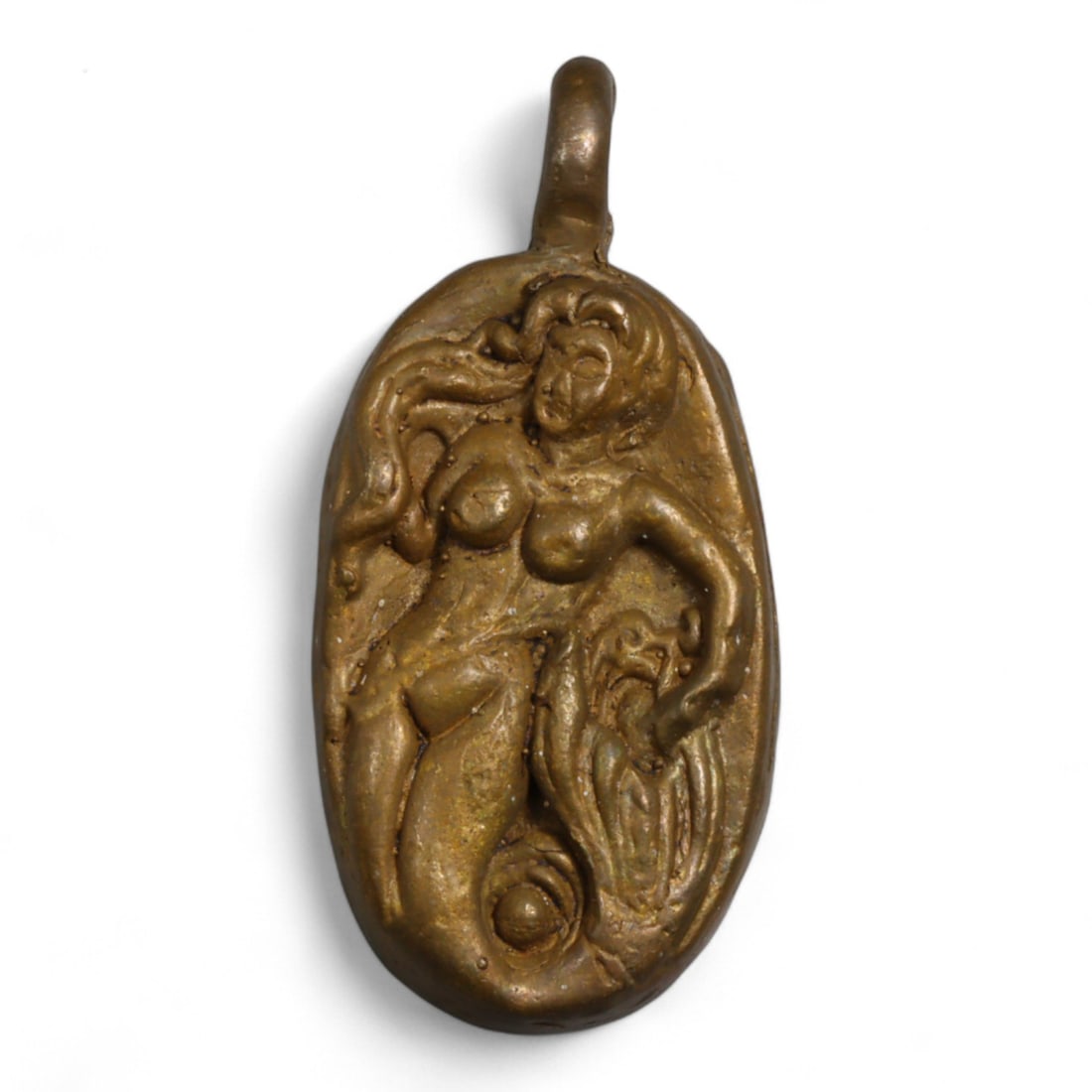 Medieval European Bronze Amulet Pendant with Female Figure, c. 15th-17th Century CE, 67g: This substantial bronze amulet pendant, measuring 5 cm in length and weighing 67 grams, originates from late medieval to early post-medieval Europe, dating approximately between the 15th and 17th cent