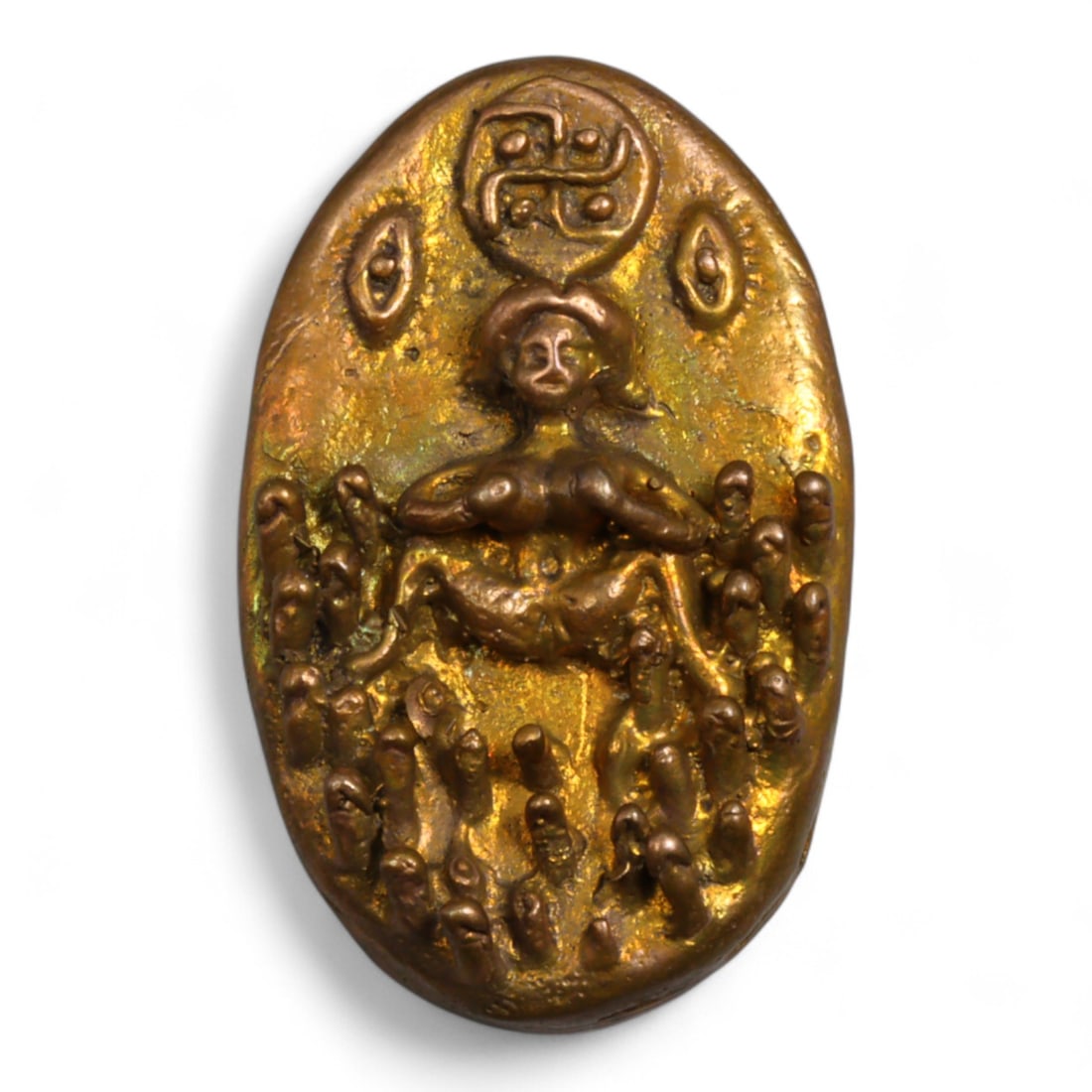 Antique Thai Late Rattanakosin Twin Deity Yantra Oval Bronze Amulet, c. Early 20th Century, 68g (1 of 2)
